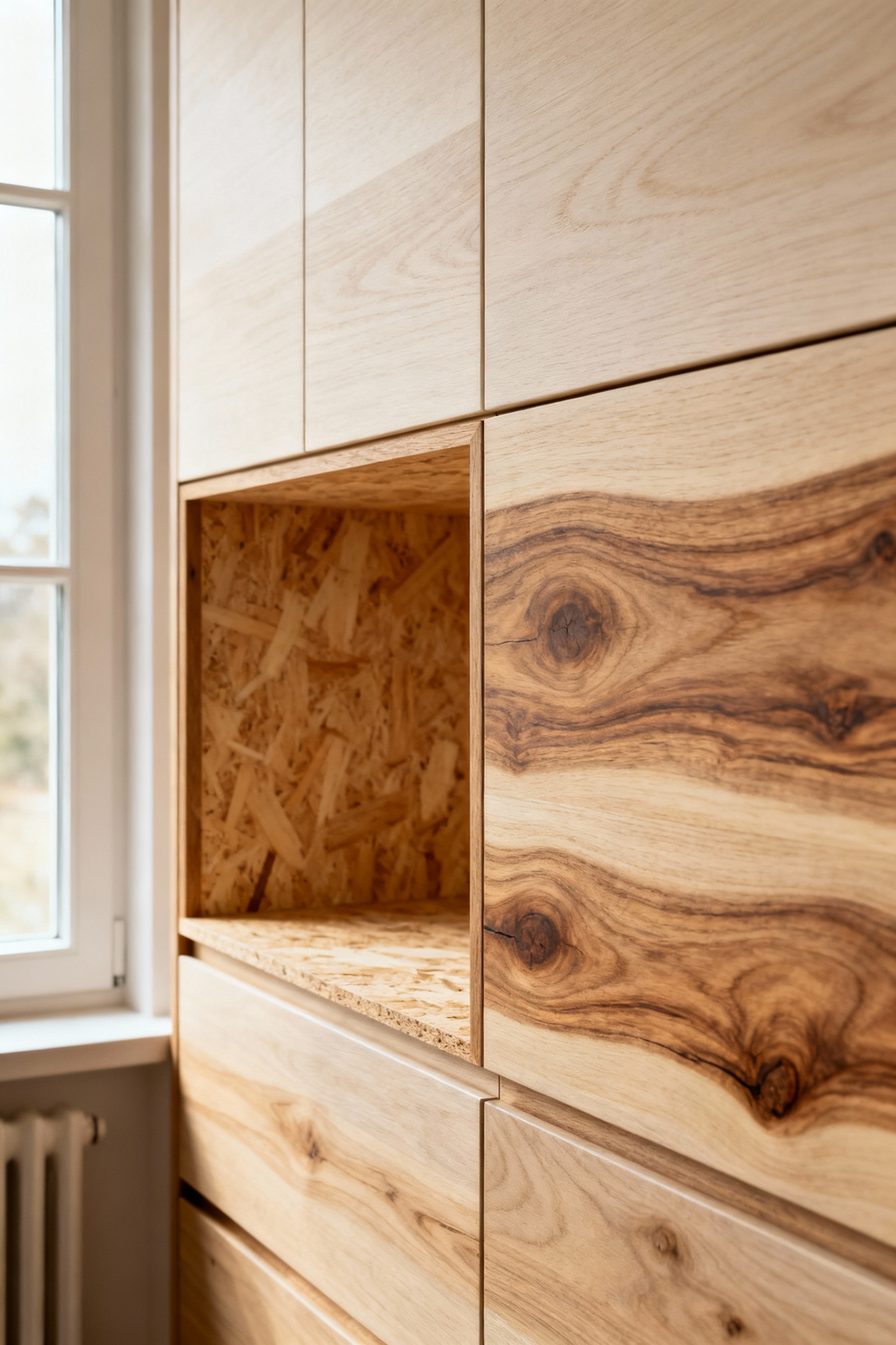 Close-up of a kitchen cabinet showcasing solid white oak panels and FSC-certified birch plywood, highlighting sustainable material choices for organic kitchens.