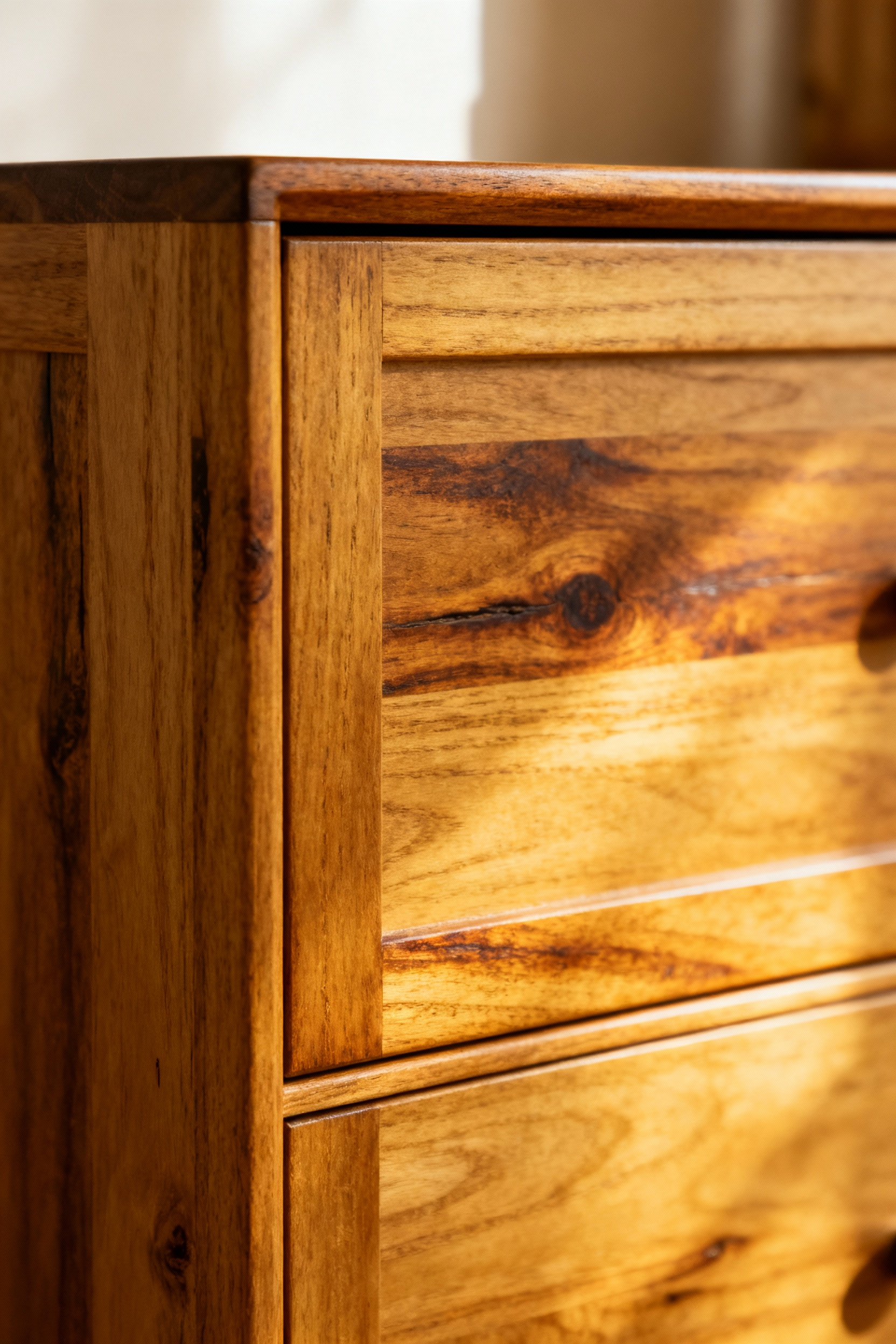 Solid white oak kitchen cabinet showing natural patina from aging with tung oil finish, organic design, warm lighting.