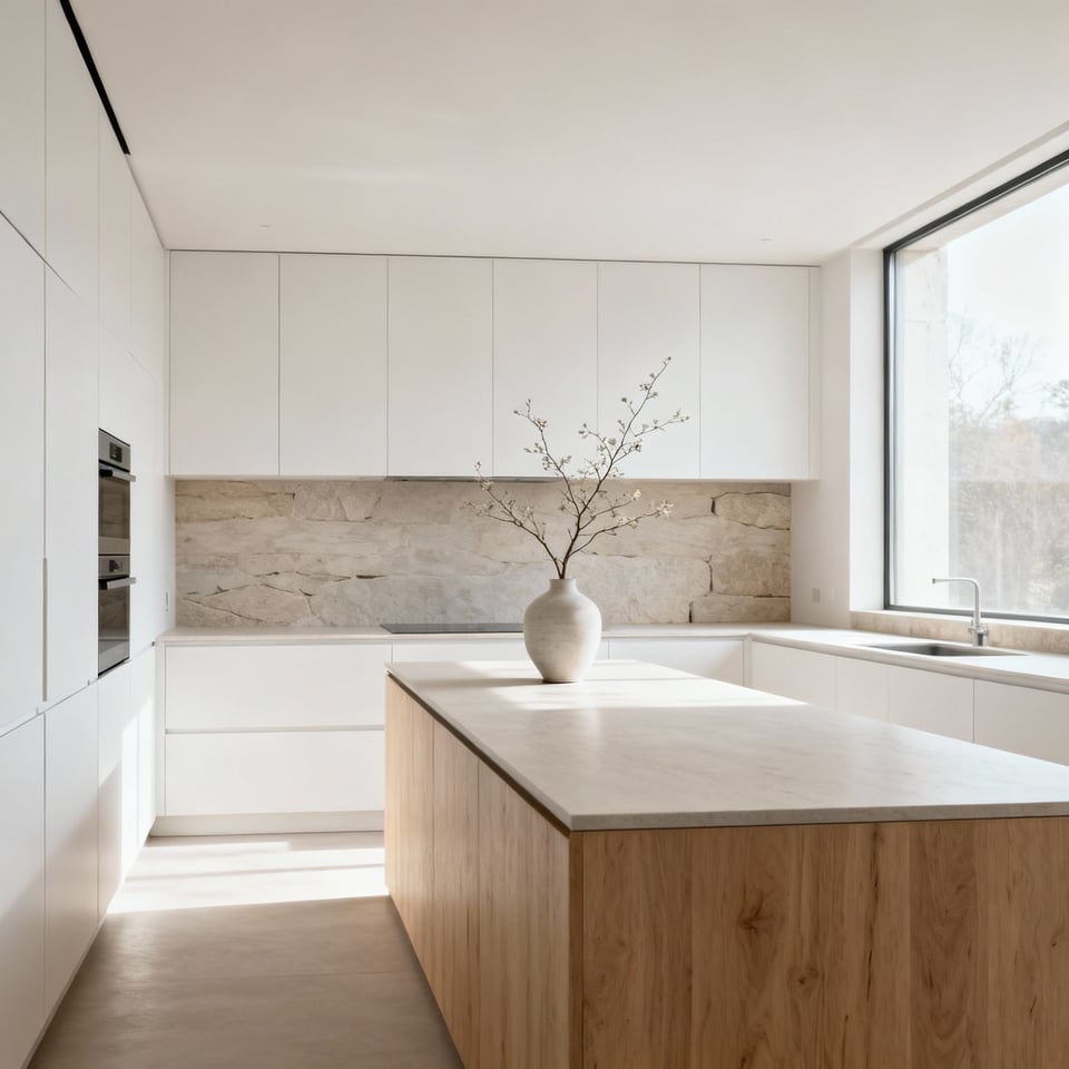 Minimalist modern kitchen with integrated white cabinetry, clean lines, and an almost bare countertop featuring a single decorative vase. Highlights subtractive decluttering for visual serenity.