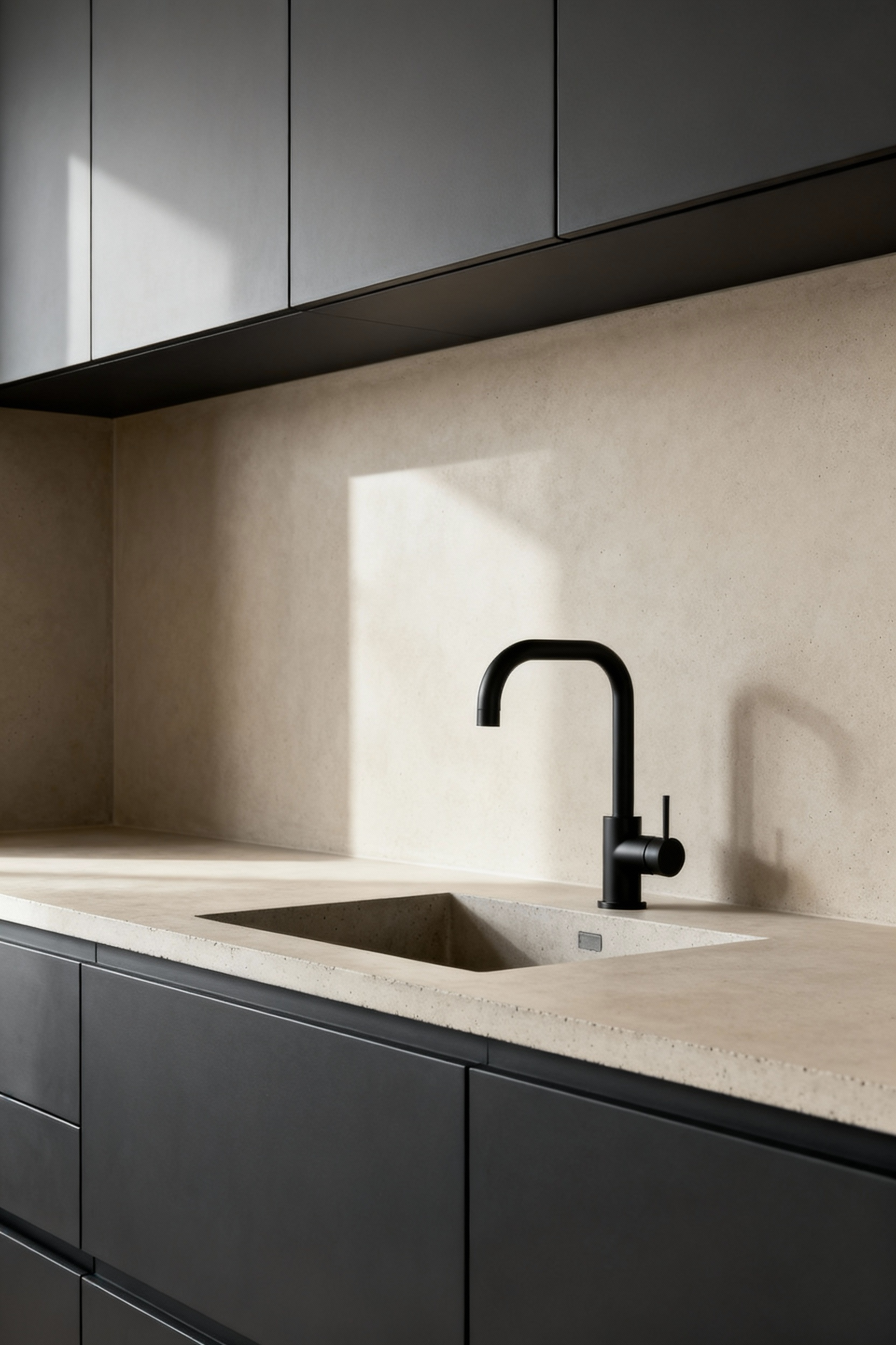 A modern kitchen showcasing ultra-matte dark gray cabinetry, honed light beige concrete countertops, and a matte black faucet, all under soft, diffused natural light to prevent glare.