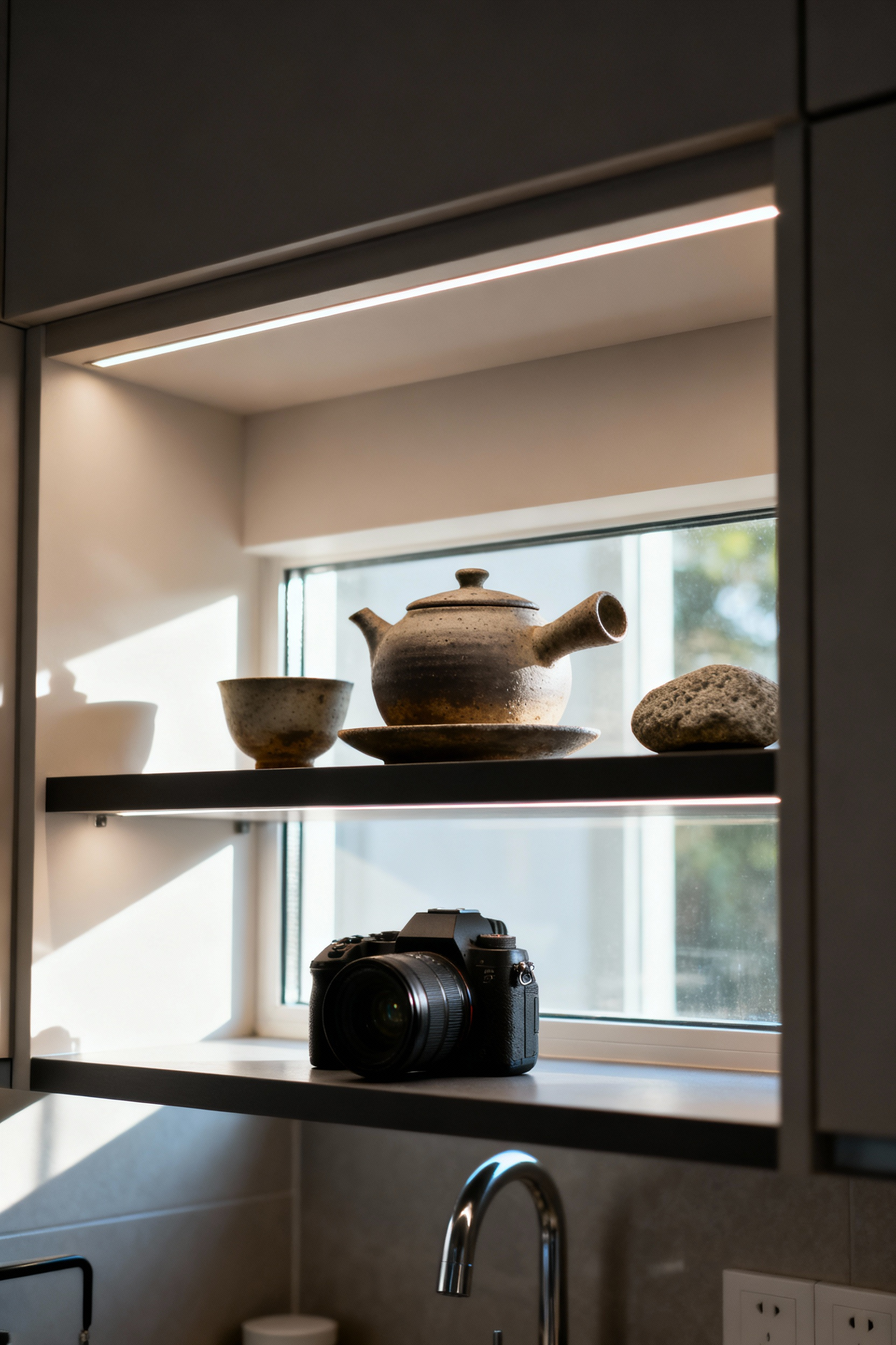 Minimalist Zen kitchen open shelving displaying a single hand-thrown ceramic tea set and a textured stone object, symbolizing cultivated personal narratives and meaningful decor.