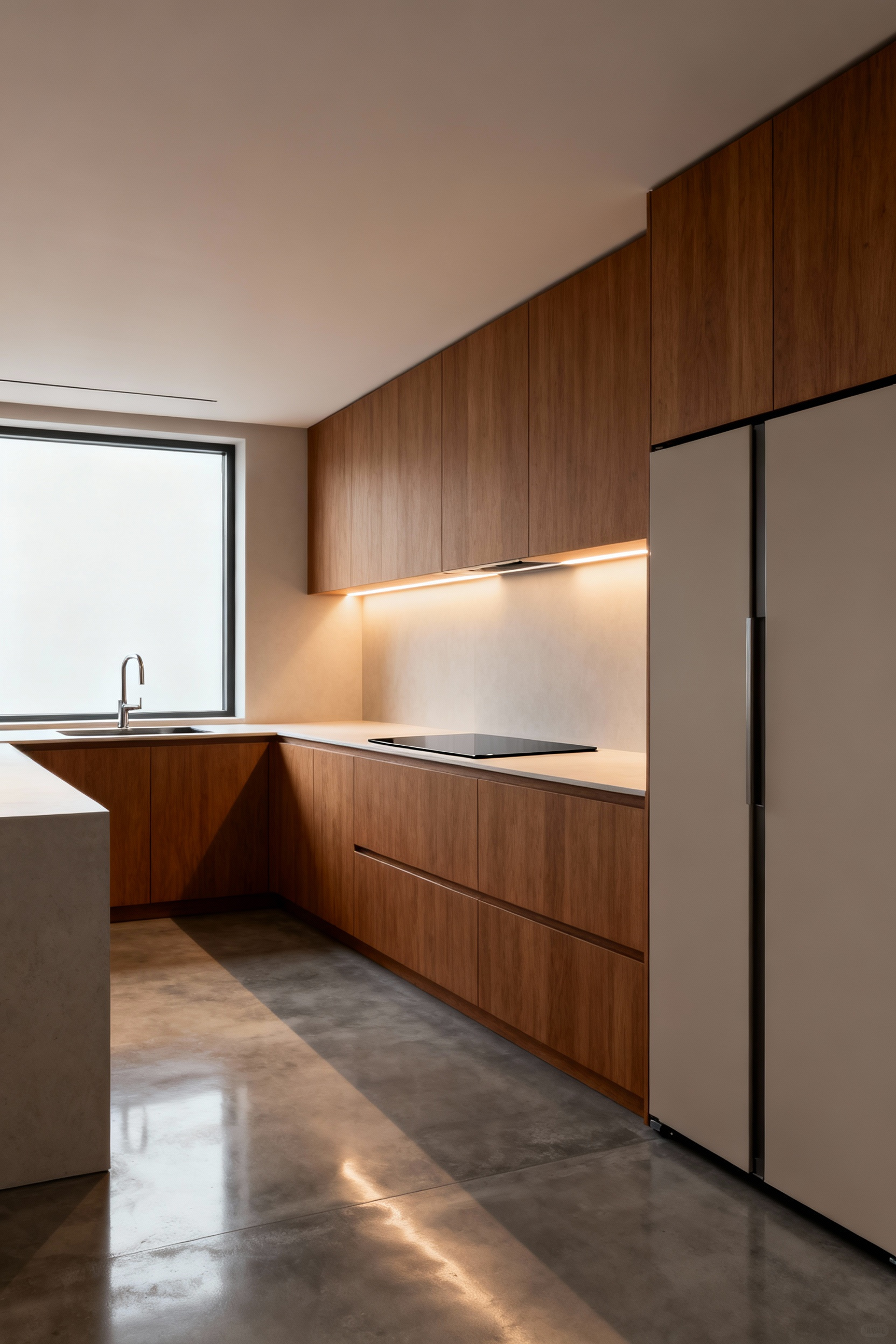 A minimalist modern kitchen showcasing an optimized work triangle, with a large island, sleek cabinetry, and integrated lighting subtly defining prep, cooking, and cleaning zones, demonstrating fluid spatial design.