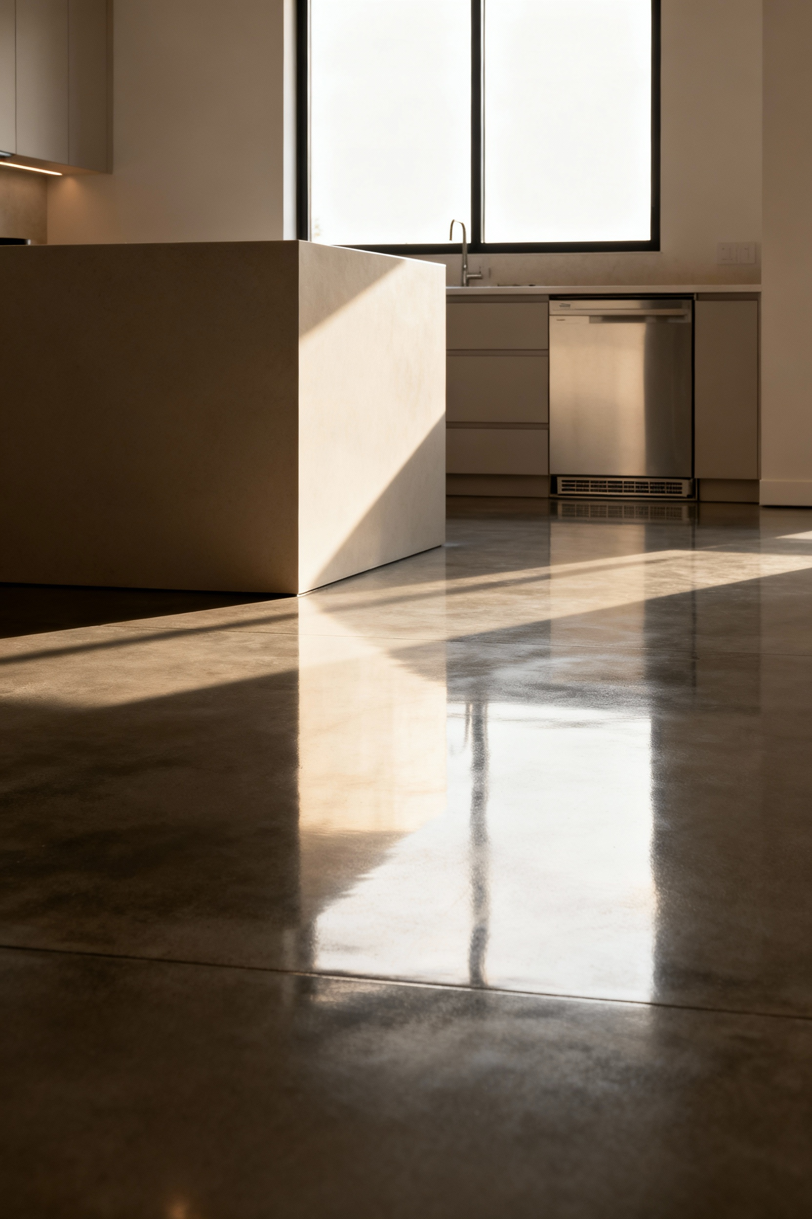 Modern kitchen with polished concrete floor, demonstrating invisible hydronic radiant heating for underfoot comfort and energy efficiency, minimalist aesthetic