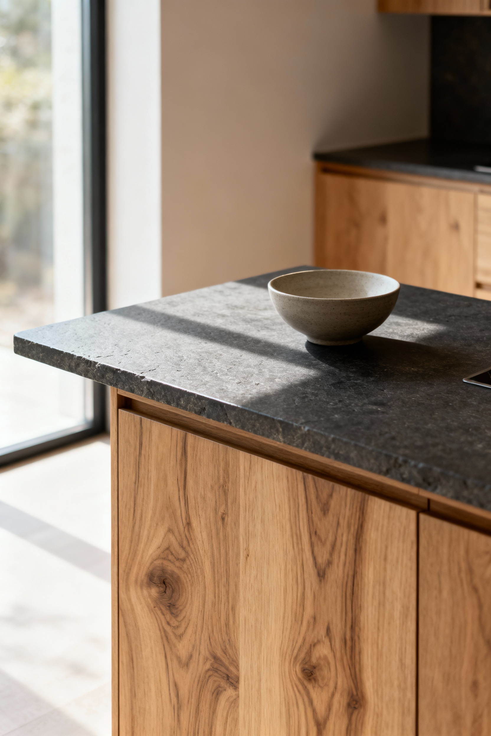 Modern kitchen featuring a honed natural stone countertop and sustainably sourced wood cabinetry, highlighting authentic, unprocessed finishes.
