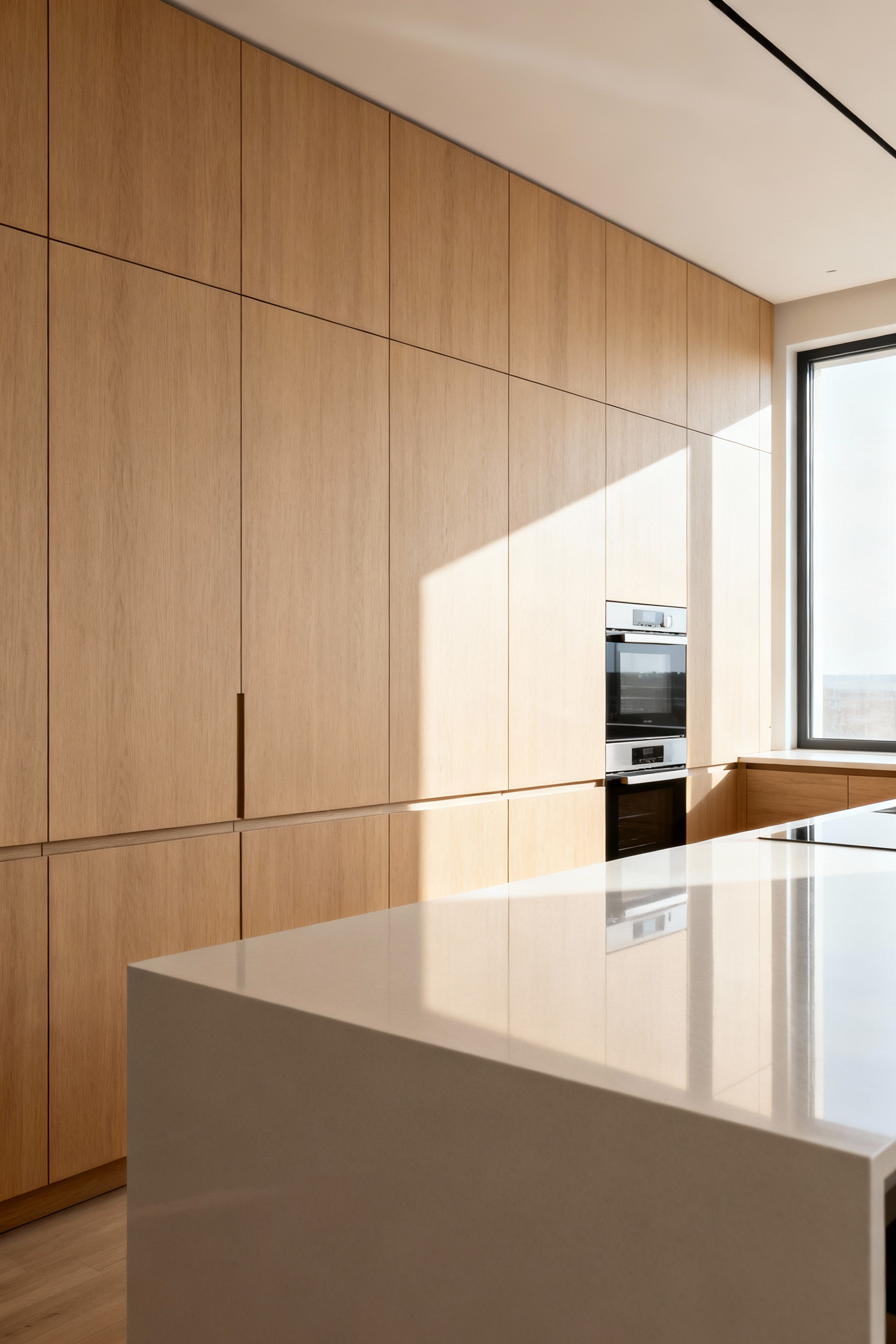 Modern kitchen with a long, seamless wall of handleless light wood cabinetry, hiding appliances for an ultra-minimalist, uncluttered look with an expansive countertop.