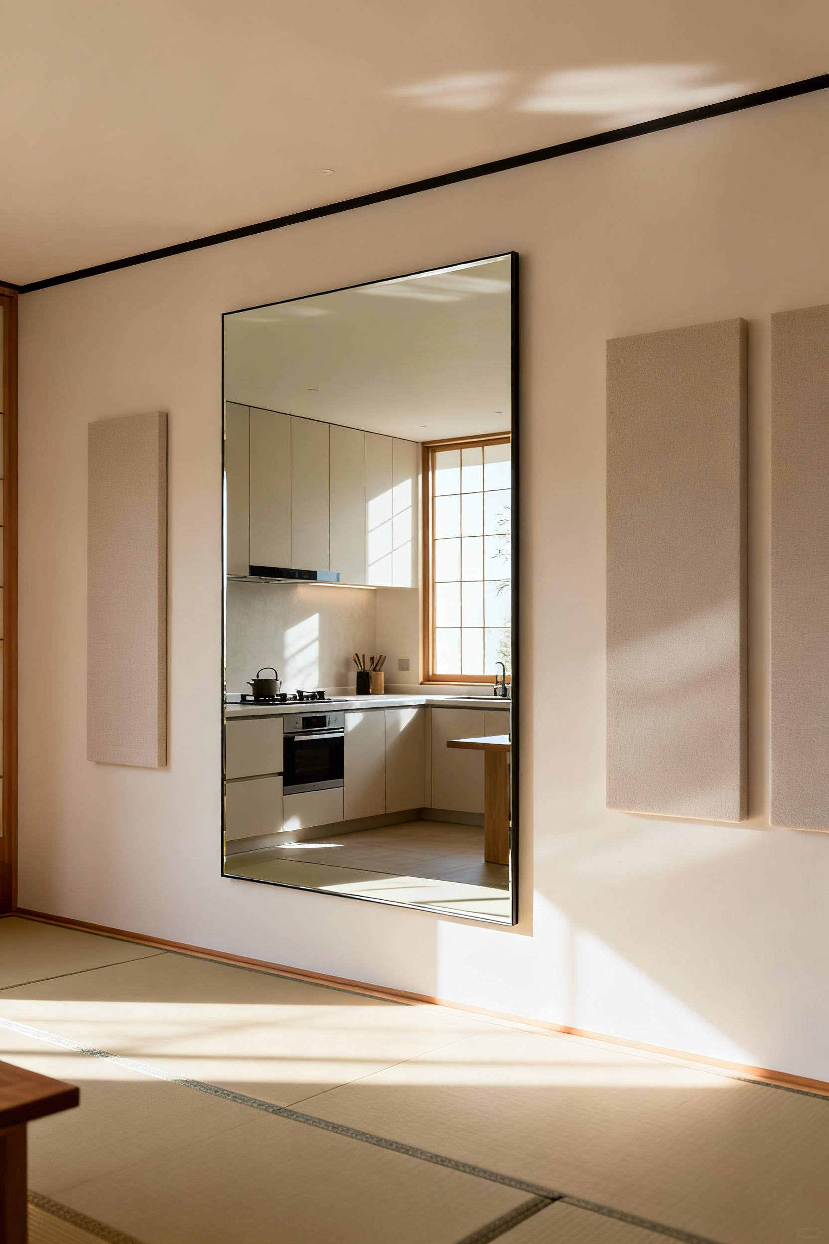 Modern kitchen with a large mirror panel reflecting a bright, spacious interior and subtle acoustic wall panels, designed for spatial depth and serene acoustics.