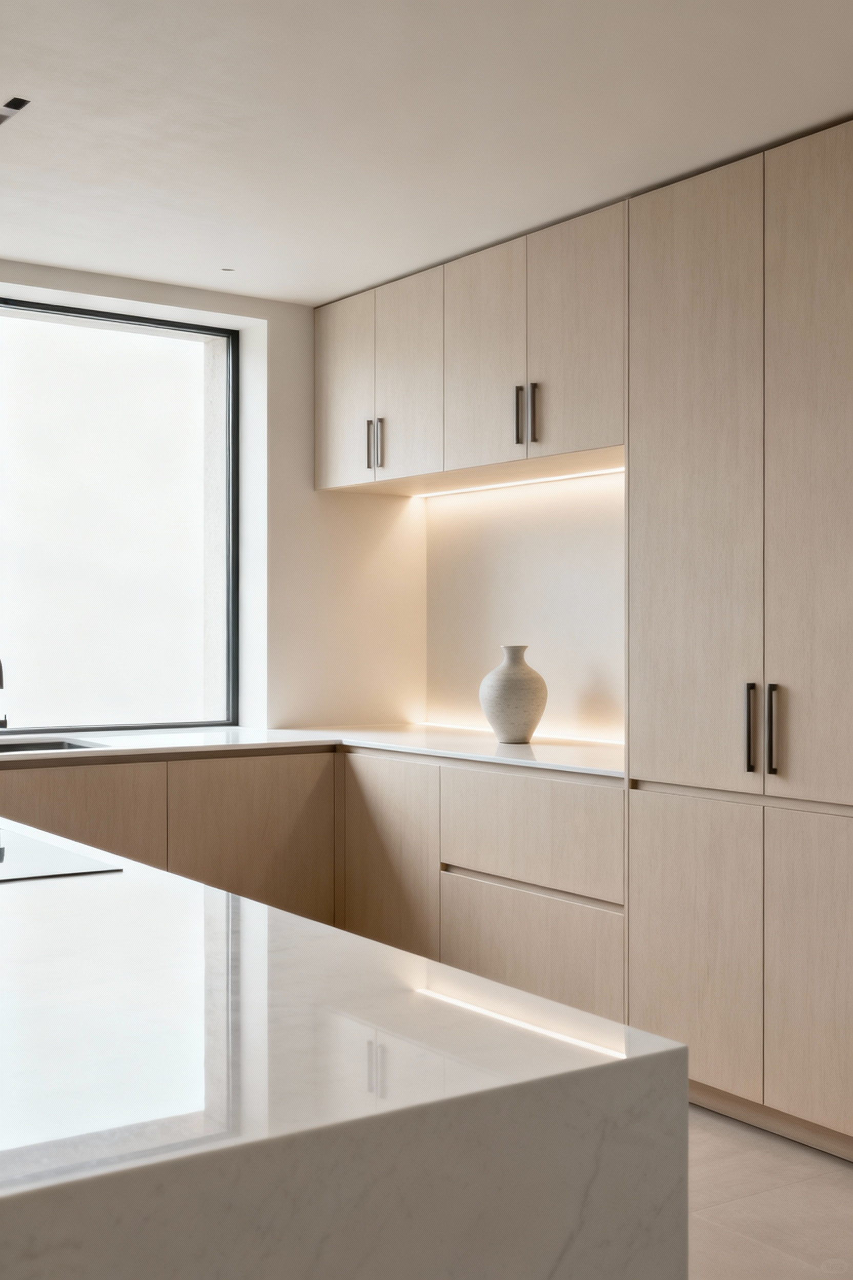 A modern, minimalist kitchen showcasing strategic use of negative space with seamless light cabinetry, clear countertops, and recessed lighting, creating a tranquil and open environment.