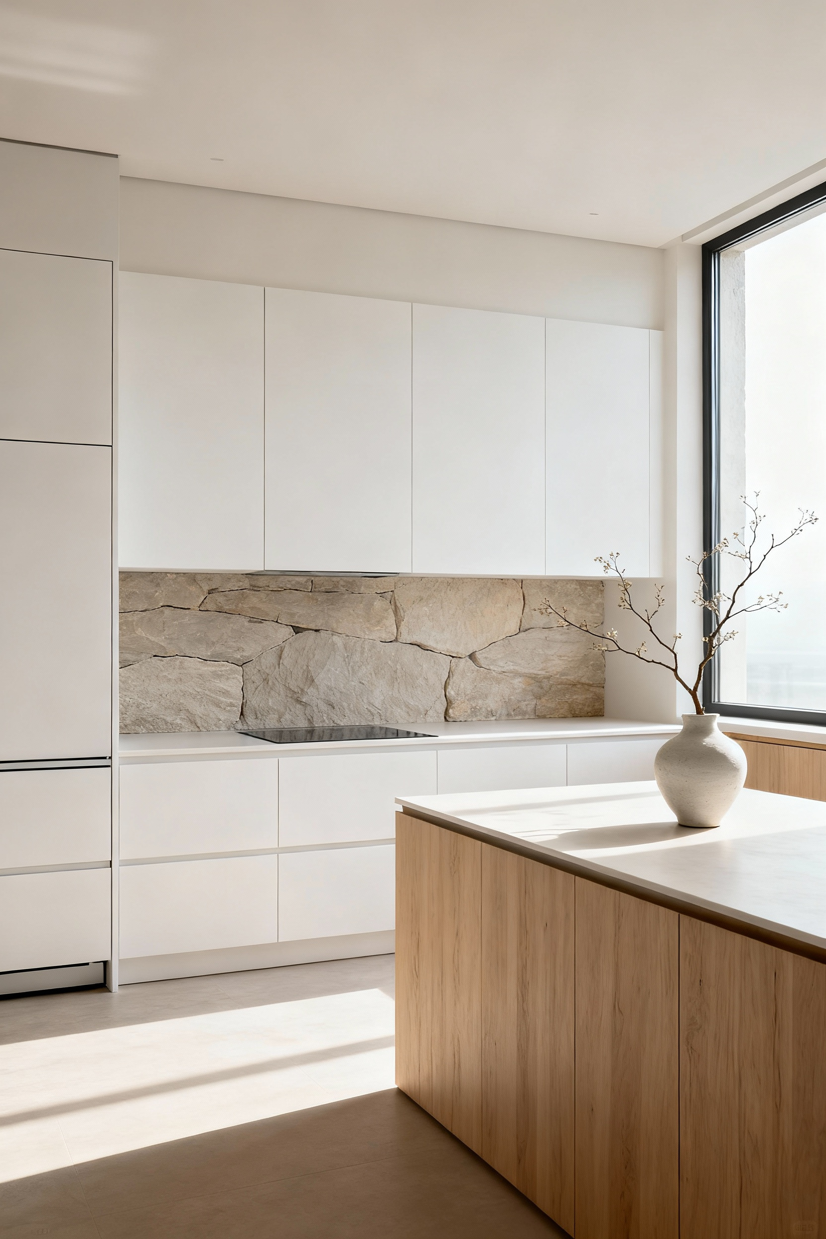 Minimalist modern kitchen with integrated white cabinetry, clean lines, and an almost bare countertop featuring a single decorative vase. Highlights subtractive decluttering for visual serenity.