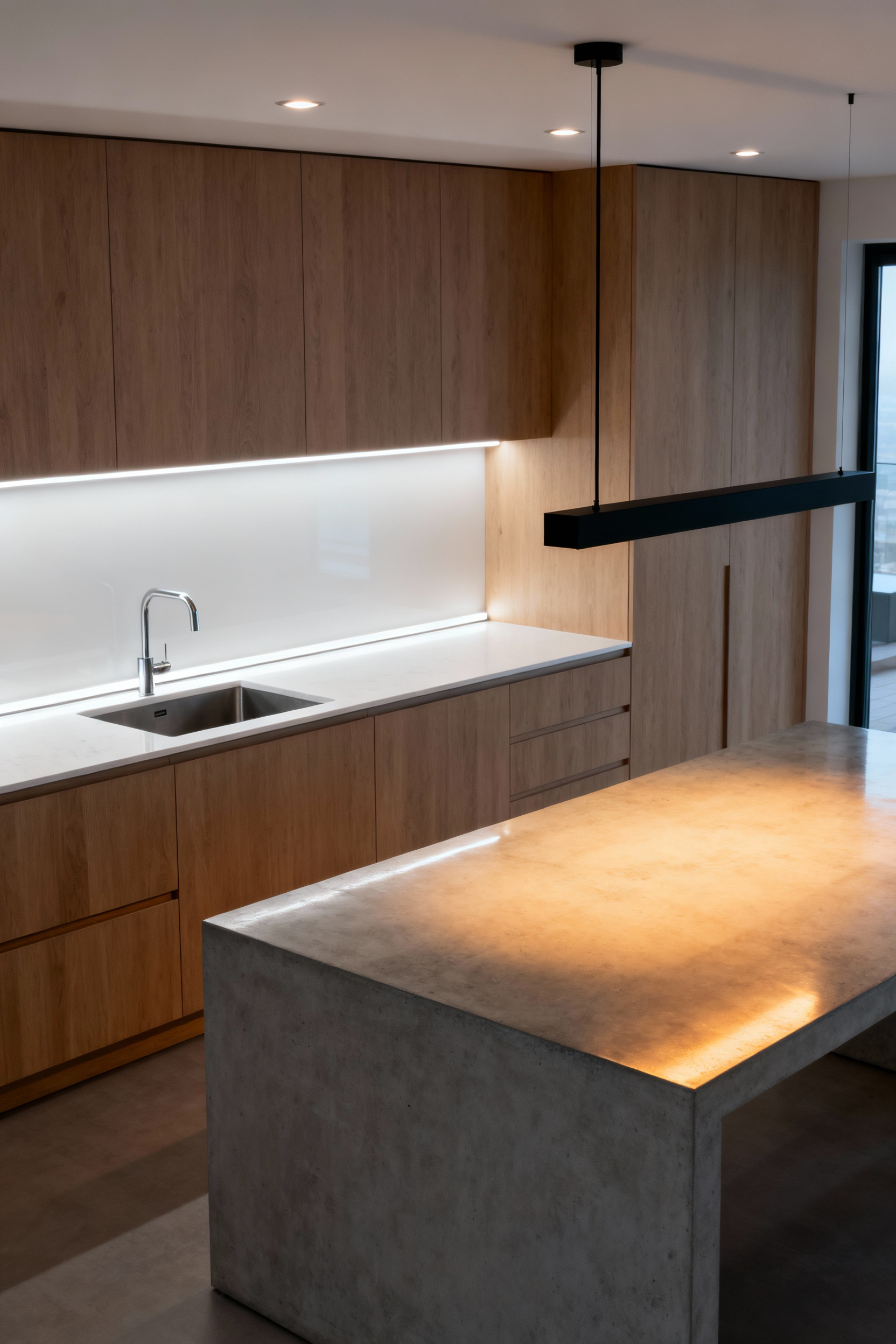 Modern kitchen interior with a sophisticated layered lighting scheme, showing recessed ambient ceiling lights, bright under-cabinet task lighting on a white quartz countertop, and a warm pendant accent light over a minimalist island.