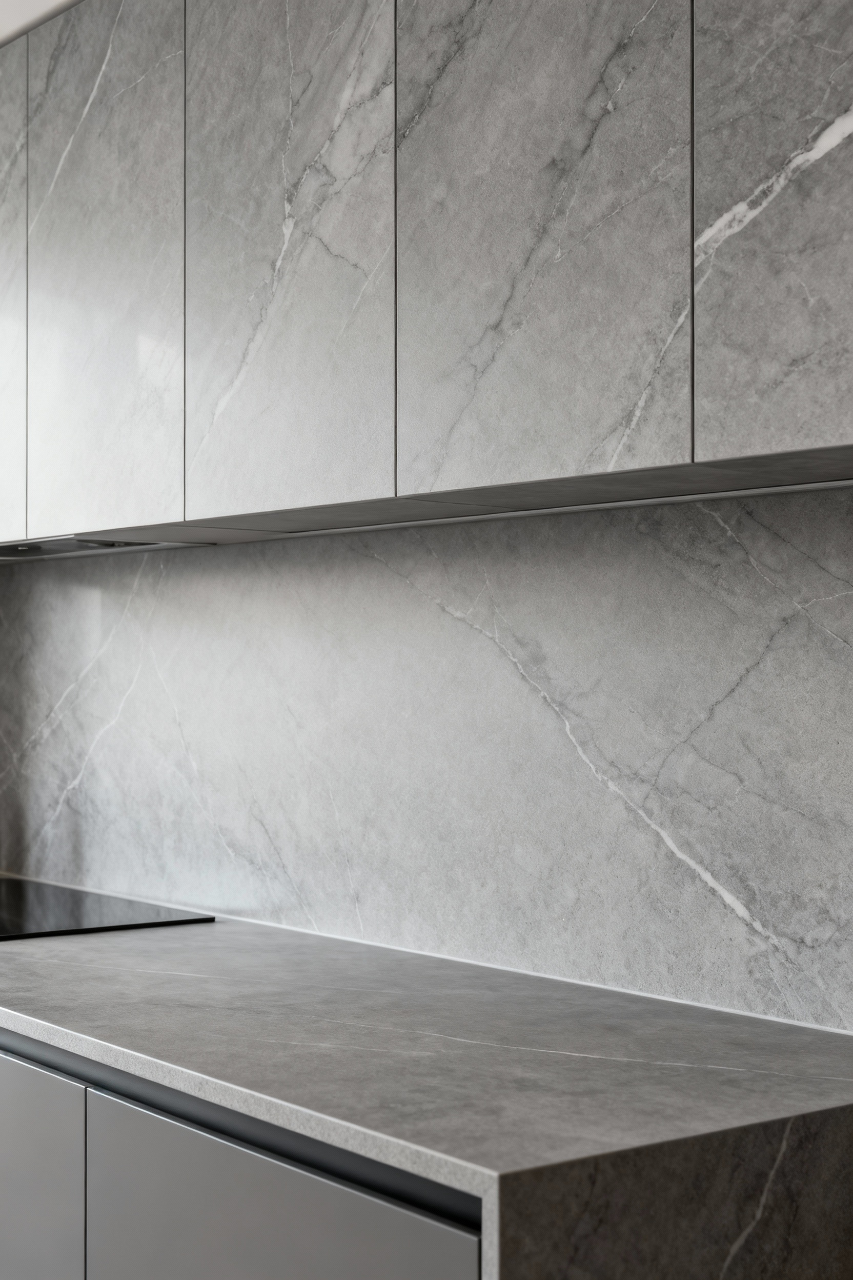 Modern minimalist kitchen with high-performance engineered composite countertop and seamless backsplash, mimicking natural stone, emphasizing durability and longevity in a tranquil design.