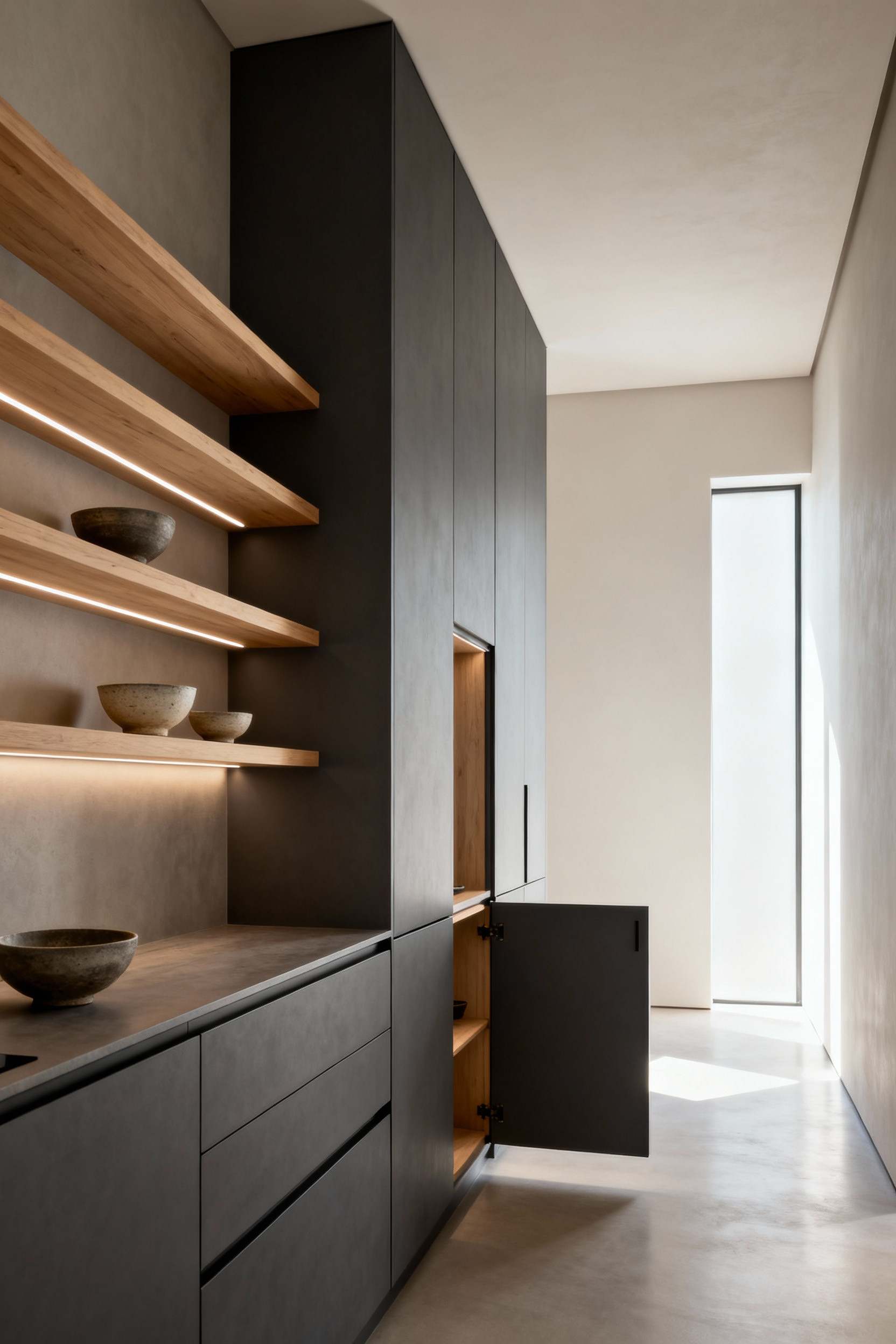 Modern Zen kitchen with matte charcoal gray tall cabinetry and light oak floating shelves, all designed for optimized vertical storage to create an illusion of spaciousness. Subtle LED lighting enhances the display of curated items.
