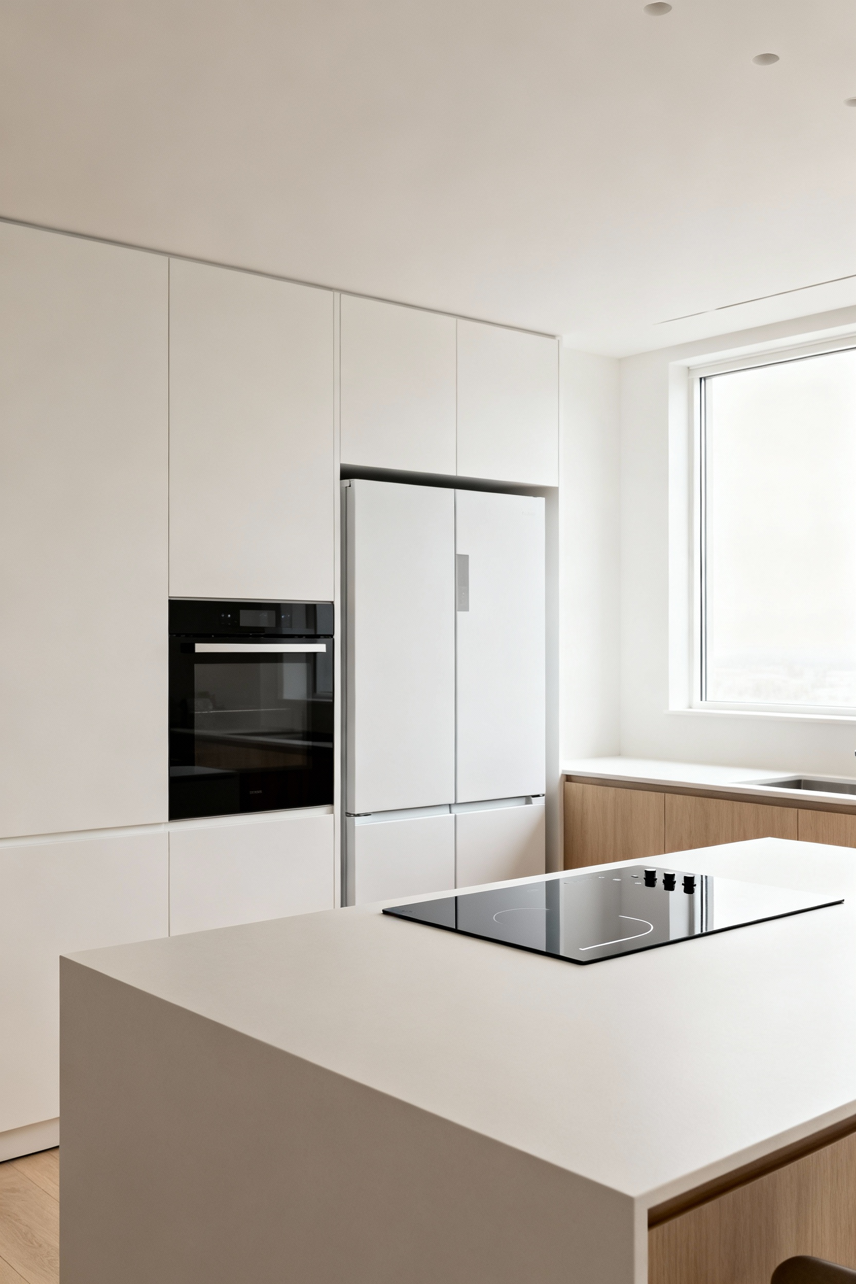 Modern minimalist kitchen with seamlessly integrated smart oven, refrigerator, and induction cooktop, showcasing efficient culinary workflows and a serene, uncluttered design under soft natural light.