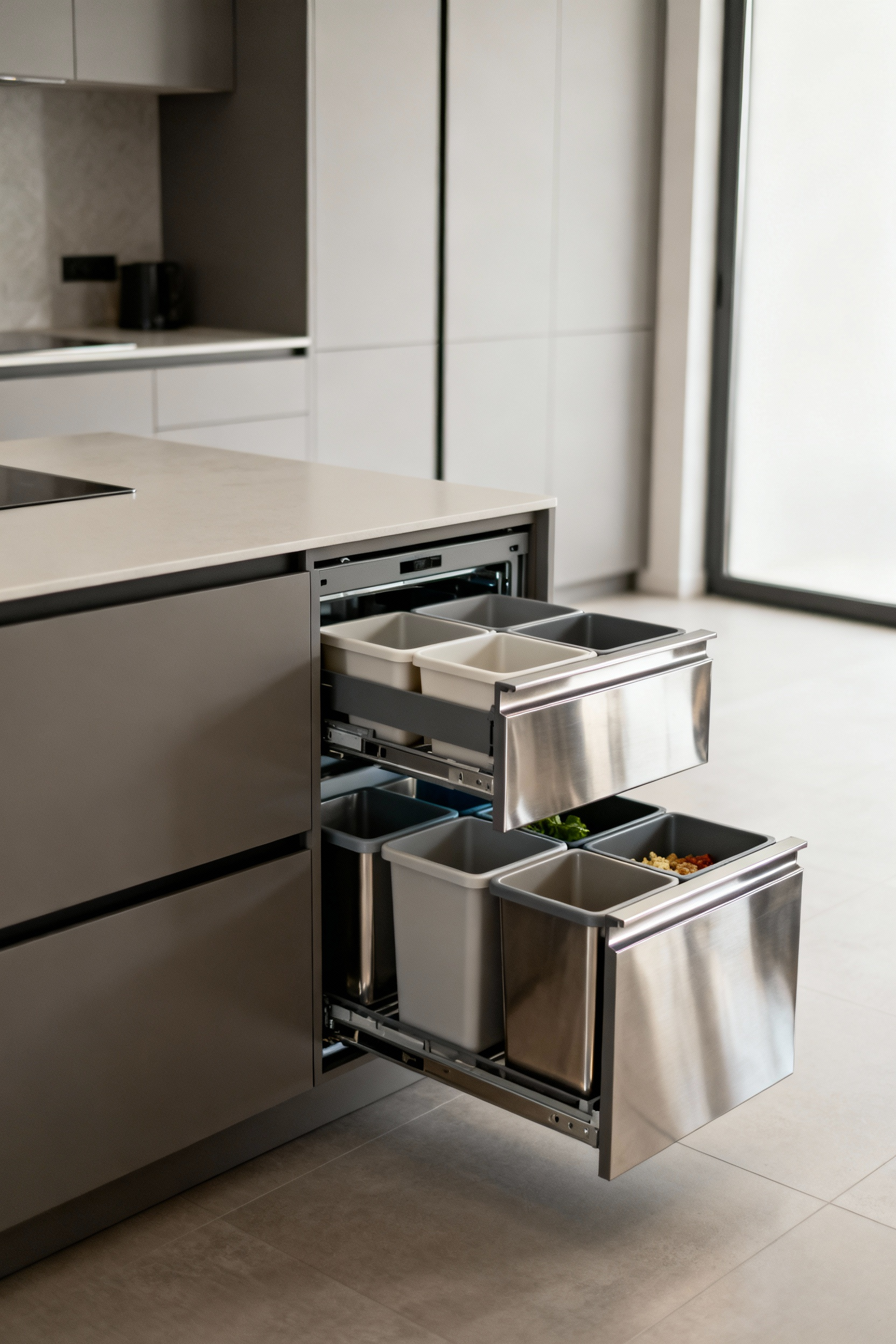 Modern kitchen with discreet pull-out waste stream separation system, showing integrated recycling and composting units inside sleek cabinetry.