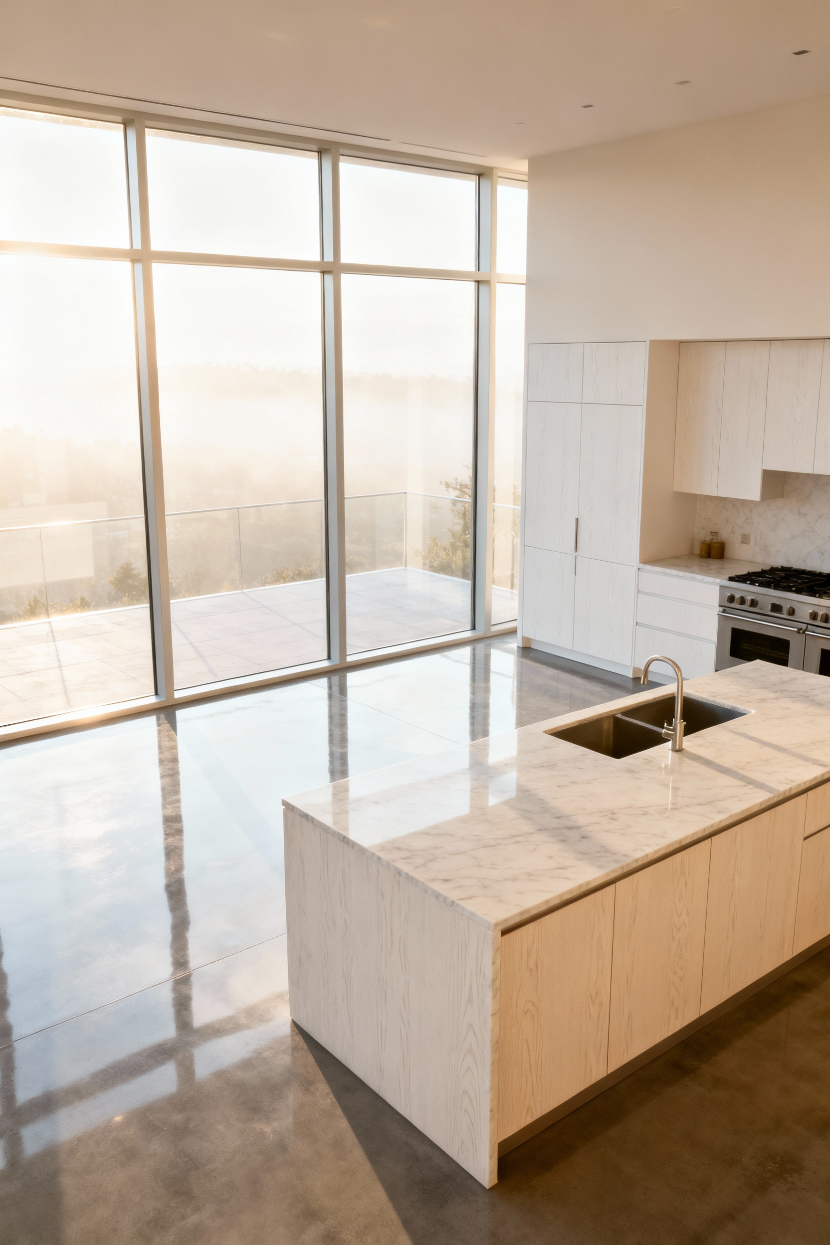 Modern kitchen with large north-facing windows, reflecting natural light off concrete and marble, promoting circadian rhythm alignment.