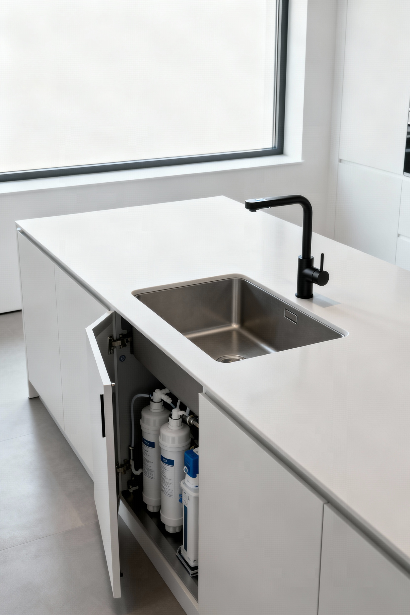 Modern kitchen with integrated dynamic water filtration system, sleek touchless faucet, minimalist design, glass carafe of purified water, representing sustainable water management.