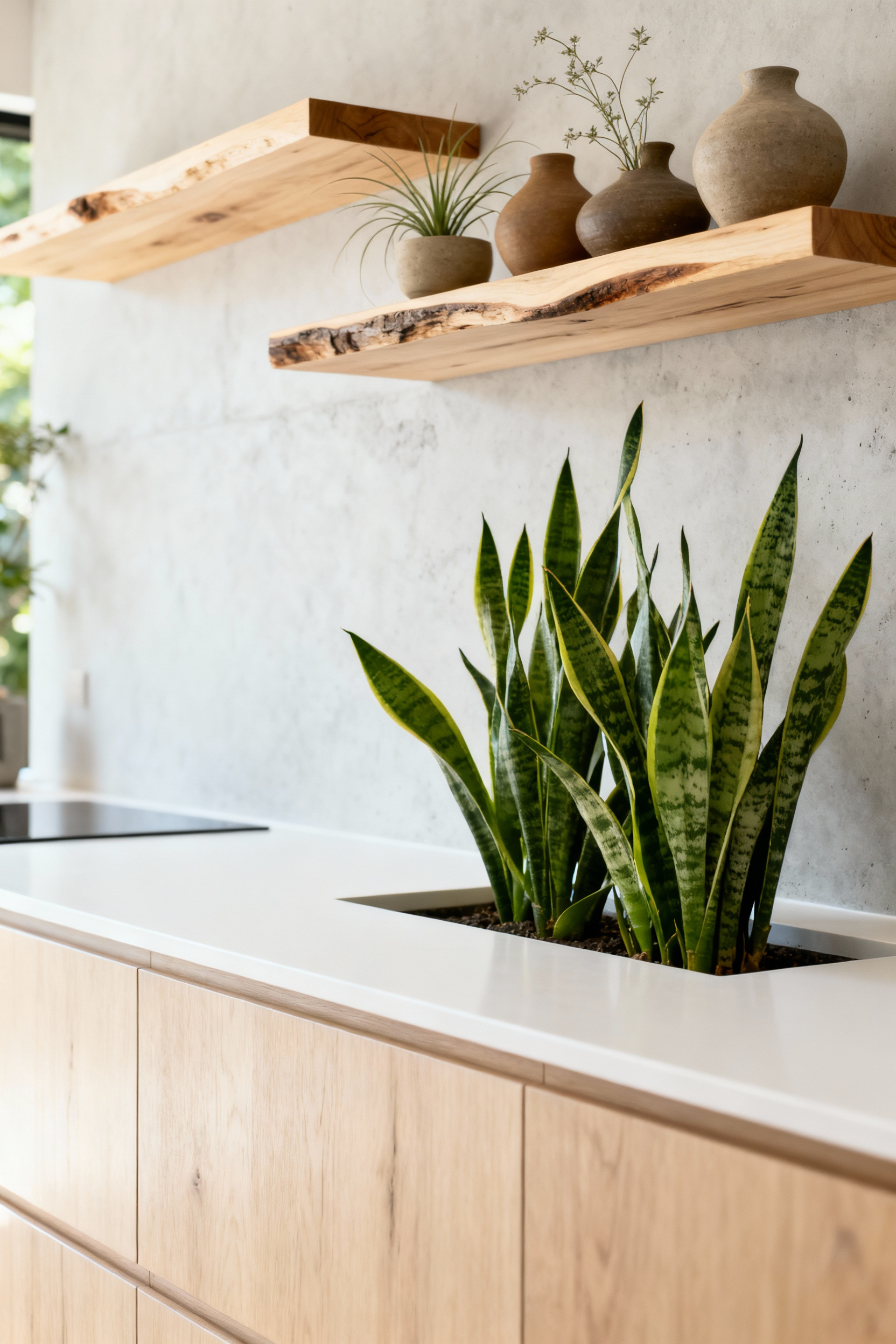 Modern kitchen with a built-in planter featuring snake plants, live-edge wooden shelves with ceramic planters and air plants, illustrating subtle biophilic design with organic forms.
