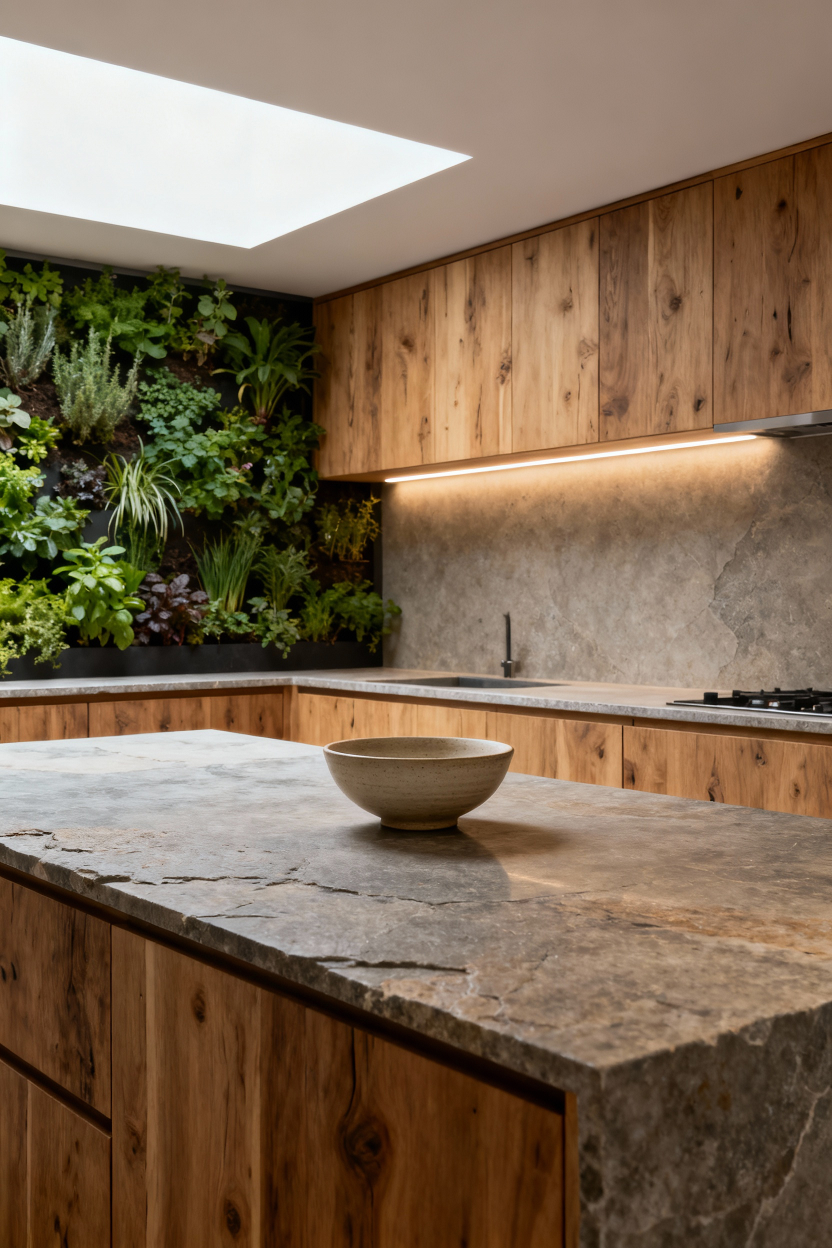 Modern kitchen with minimalist design, muted earth tones, a living herb wall, honed soapstone countertops, and soft lighting, emphasizing a calming sensory experience for well-being.