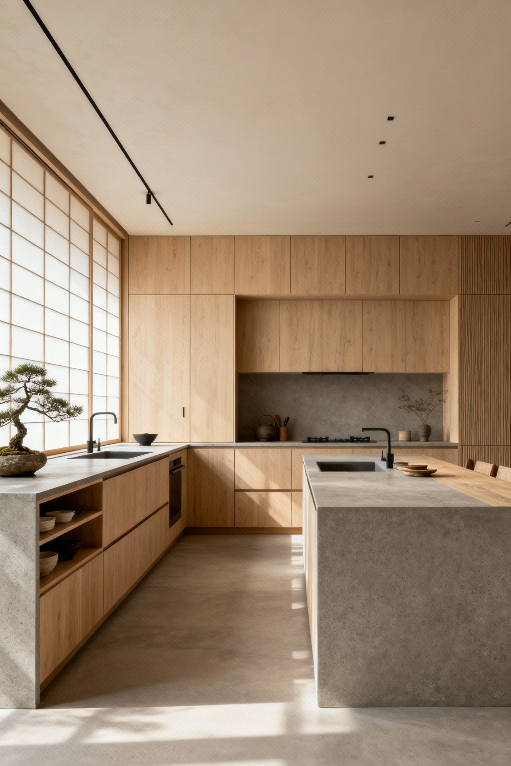 Modern Zen kitchen designed with ergonomic and biometric principles, featuring seamless cabinetry, custom-height counters, natural light, and a clutter-free aesthetic. A beautiful blend of form and function.