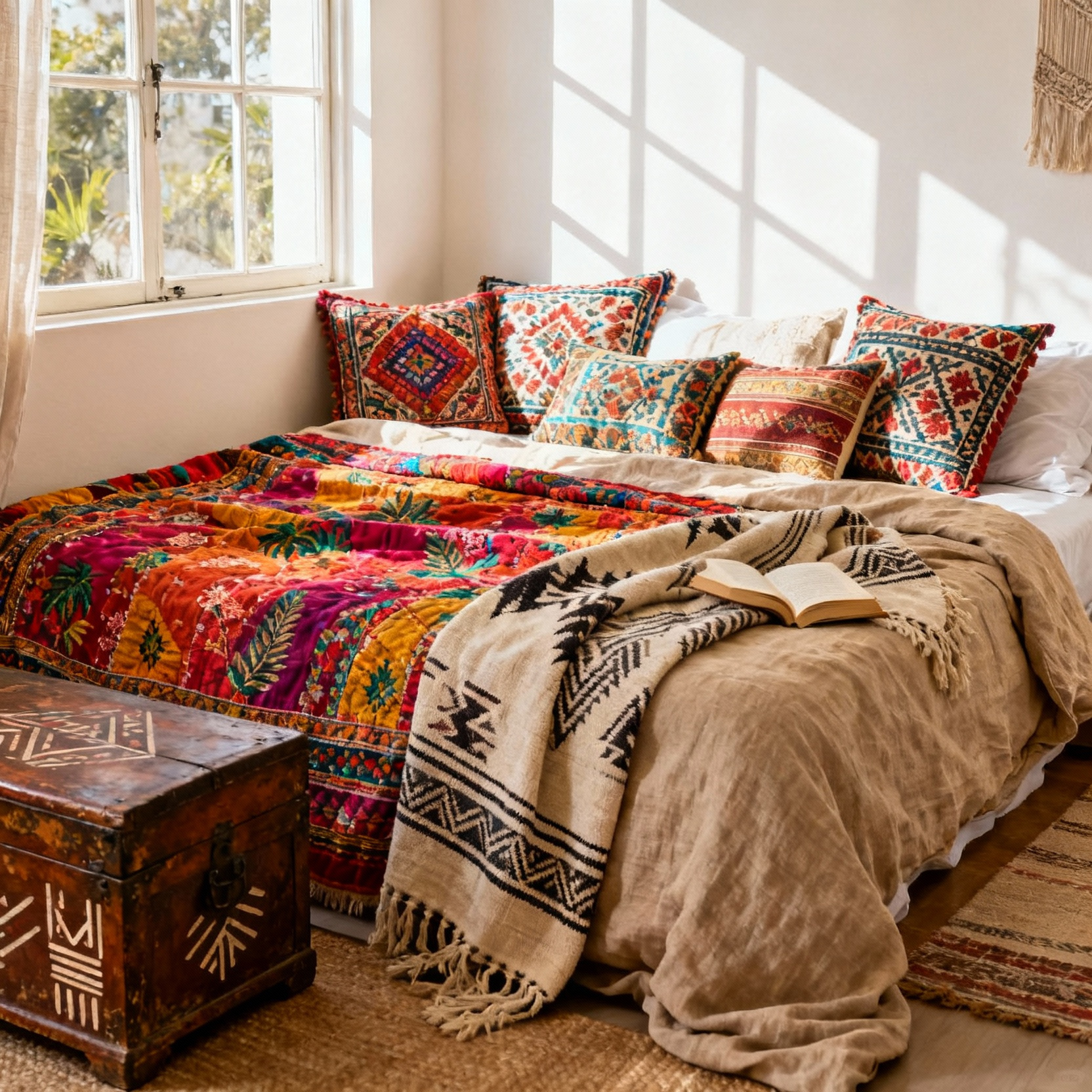 Sophisticated bohemian bedroom with global artisanal decor, featuring a Kantha quilt, Moroccan throw, and antique wooden chest. The room showcases a deep cultural narrative and eclectic harmony.