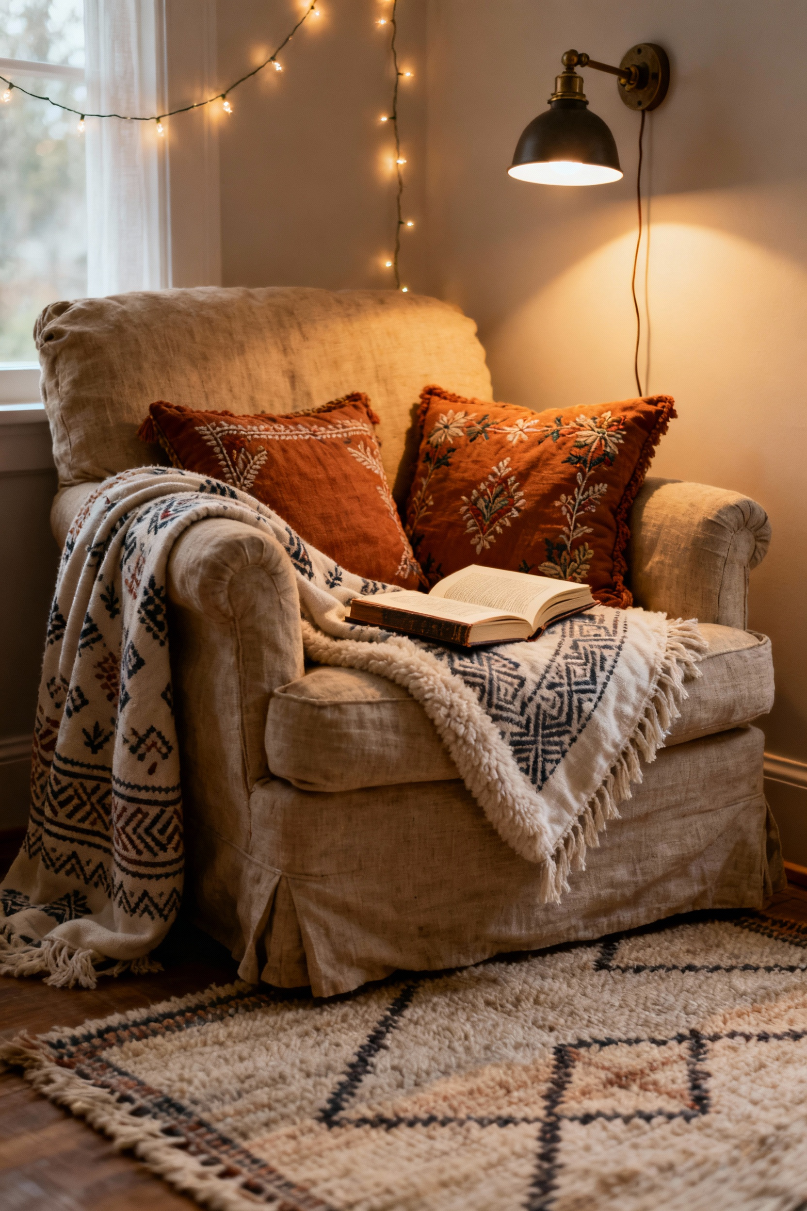 Bohemian reading nook with a cozy armchair, hand-knotted rug, layered textiles, warm task lighting from a wall sconce, and soft ambient string lights, perfect for contemplation.