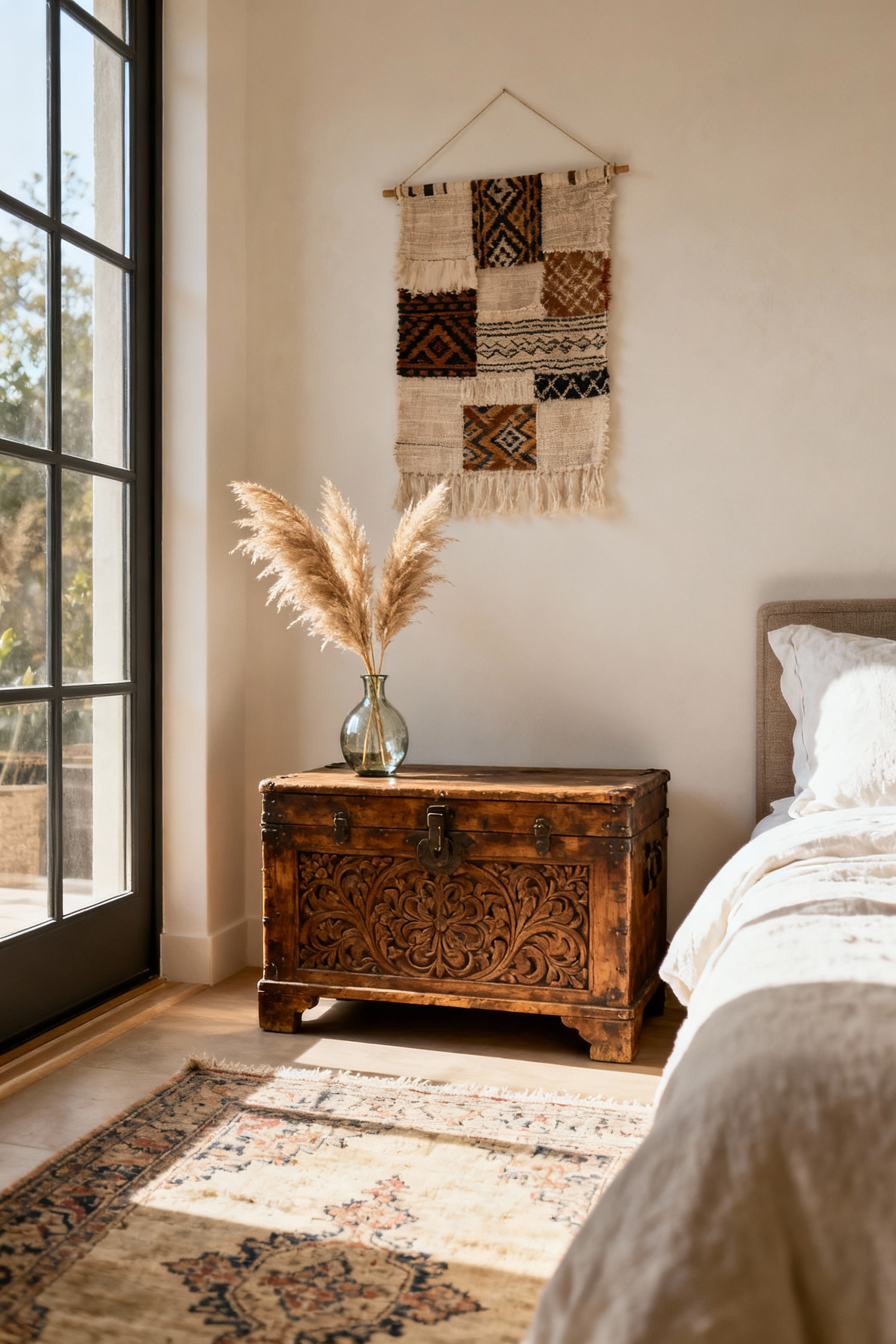 A bohemian bedroom scene featuring a repurposed vintage wooden trunk as a bedside table, an upcycled textile wall hanging, and a vintage patterned rug, embodying sustainable decor practices.