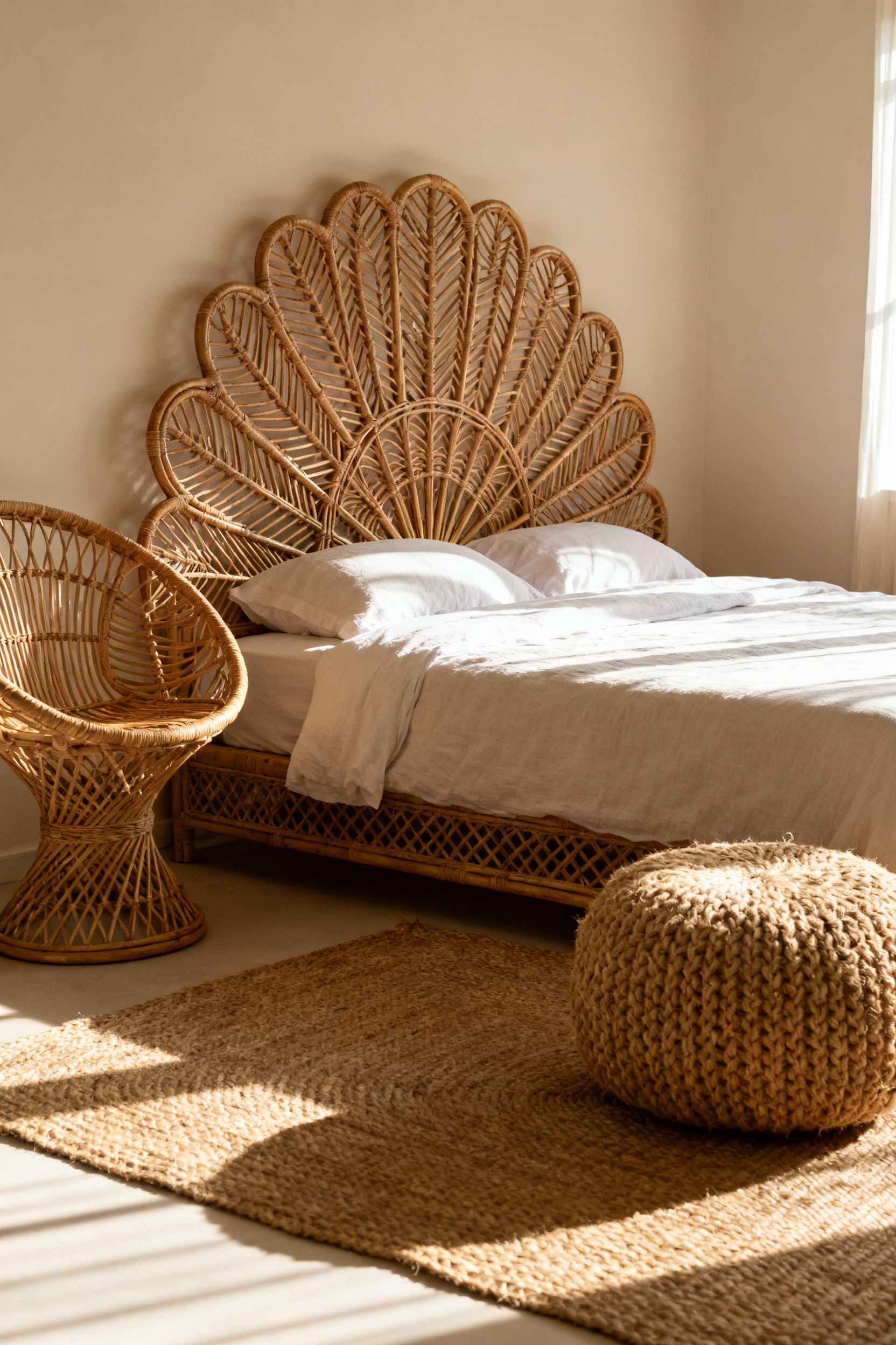 Portrait view of a bohemian bedroom showcasing a beautifully sculpted rattan headboard, layered jute rug, and a rattan accent chair, highlighting natural textures and earthy sophistication.