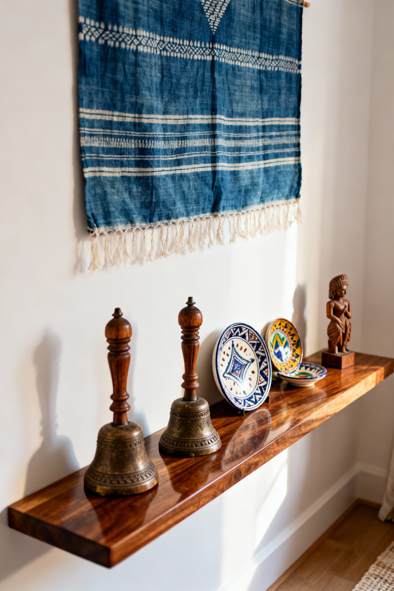 A meticulously curated display of global bohemian decor mementos, including a framed indigo mudcloth, antique wooden temple bells, hand-painted ceramics, and a carved wooden sculpture, beautifully arranged on a teak shelf in a sunlit bedroom setting.