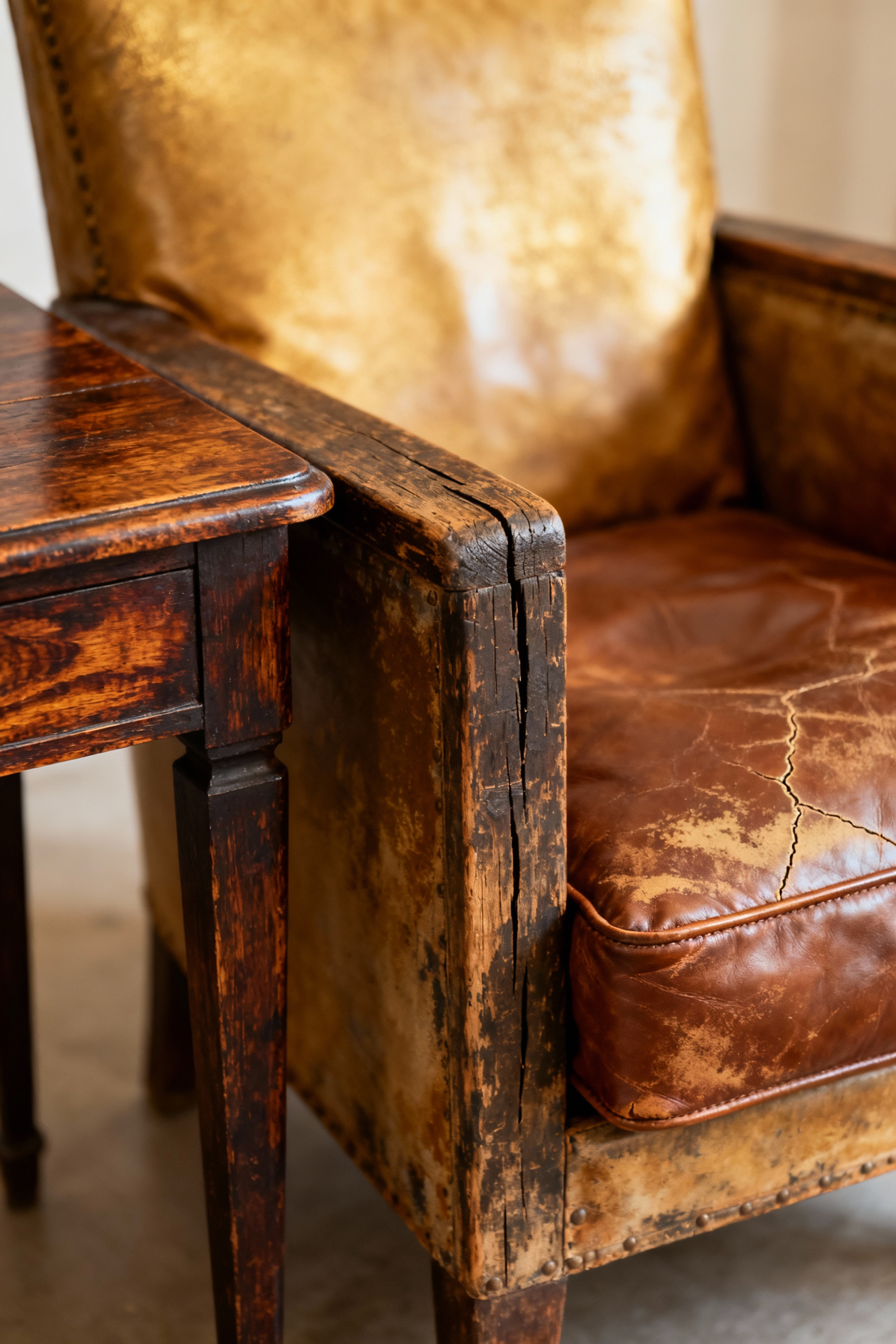 Close-up of a sophisticated bohemian bedroom featuring antiqued dark wood furniture and distressed saddle-brown leather upholstery, highlighting their rich textures and warm patina.