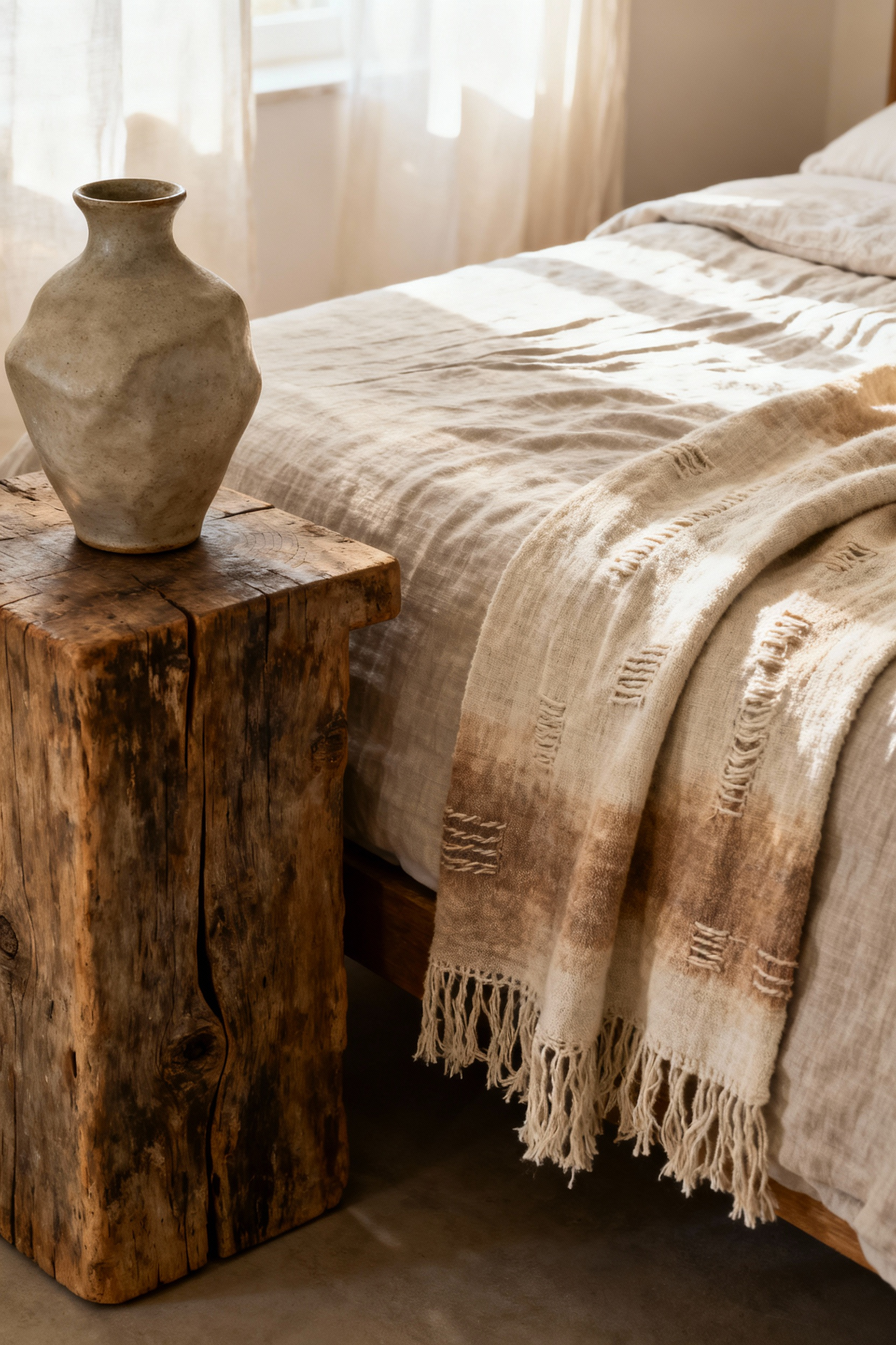 Bohemian bedroom corner featuring Wabi-Sabi design: aged wooden side table, handcrafted ceramic vase with natural dried botanicals, organic cotton throw with subtle imperfections, and linen bedding under soft light.
