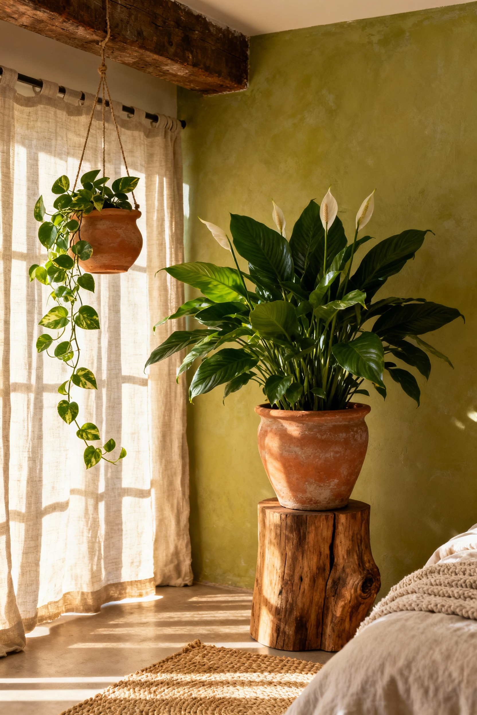 Bohemian bedroom corner with a Peace Lily in a terracotta pot and trailing Pothos in a hanging clay planter, lit by natural light, showcasing living art.