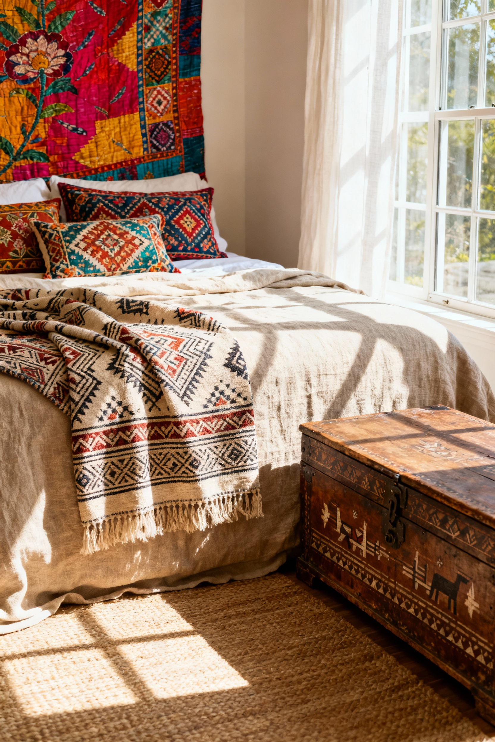 Sophisticated bohemian bedroom with global artisanal decor, featuring a Kantha quilt, Moroccan throw, and antique wooden chest. The room showcases a deep cultural narrative and eclectic harmony.