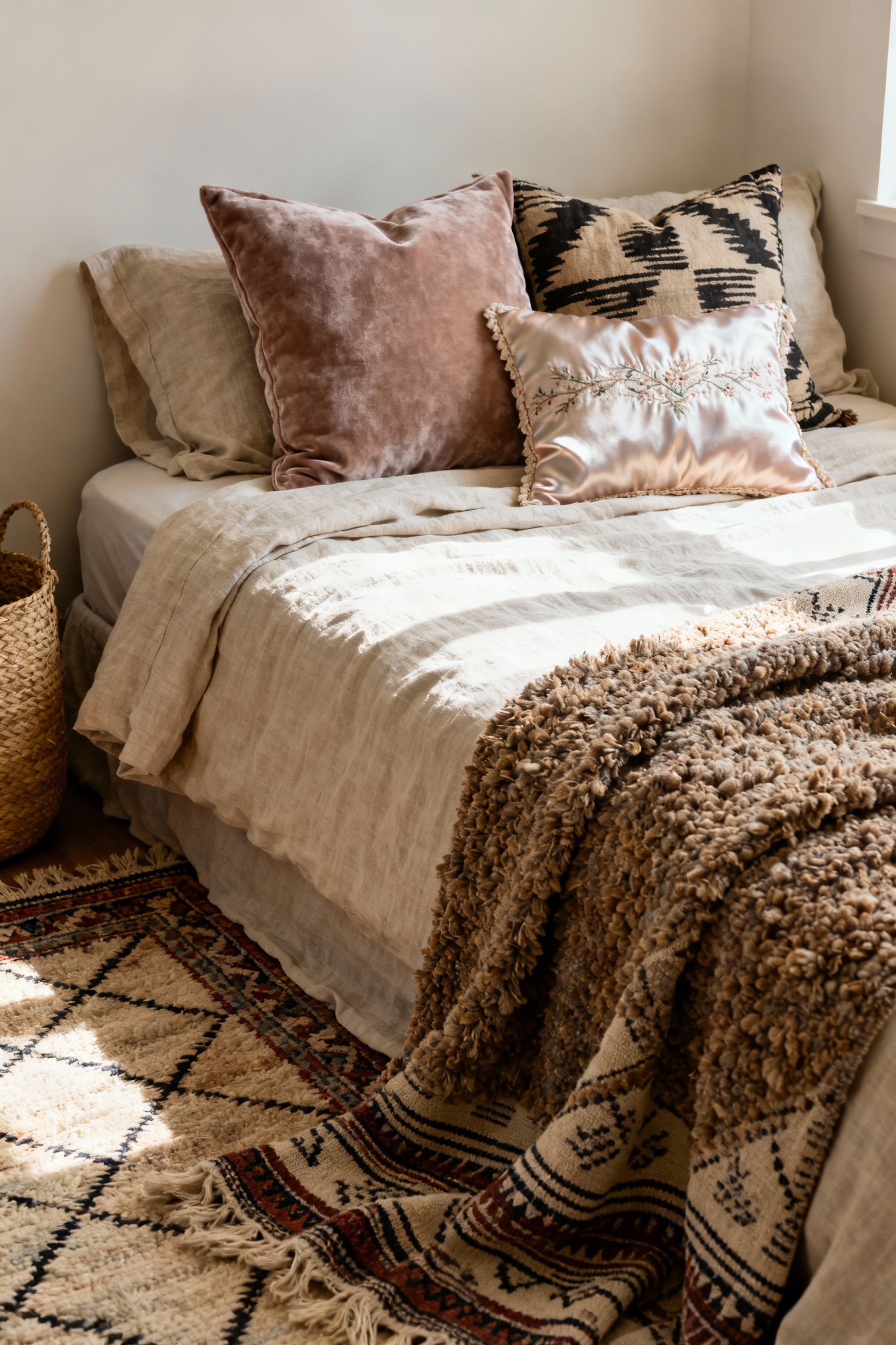Bohemian bedroom with artfully layered natural textures, including a chunky knit throw, embroidered pillows, linen bedding, and a woven rug, bathed in soft natural light.