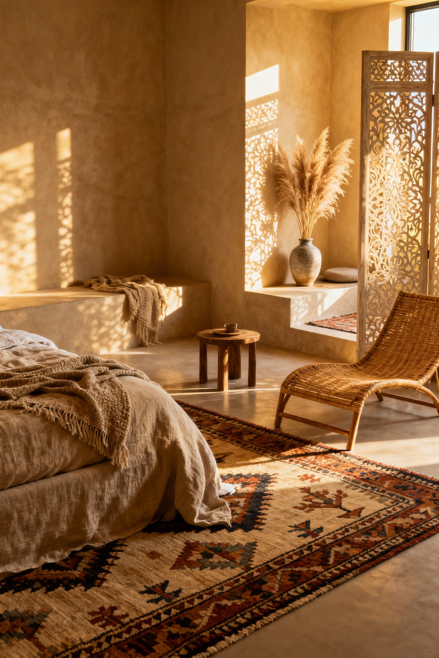 Portrait of a bohemian bedroom showing fluid transitions between an open sleeping area and a segmented reading nook, with a hand-knotted rug and carved wooden screen creating distinct boho comfort zones.