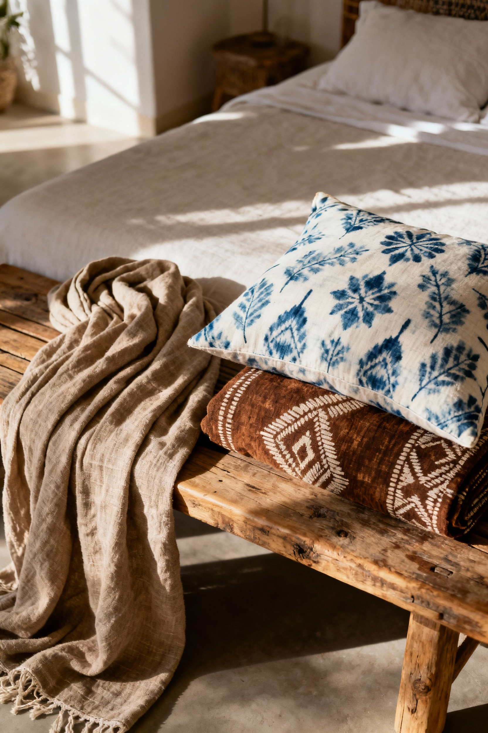 Close-up of ethically sourced handloomed linen throw, indigo block print pillow, and textured mudcloth accent on a wooden bench in a bohemian bedroom, natural light, showcasing rich textures and patterns.