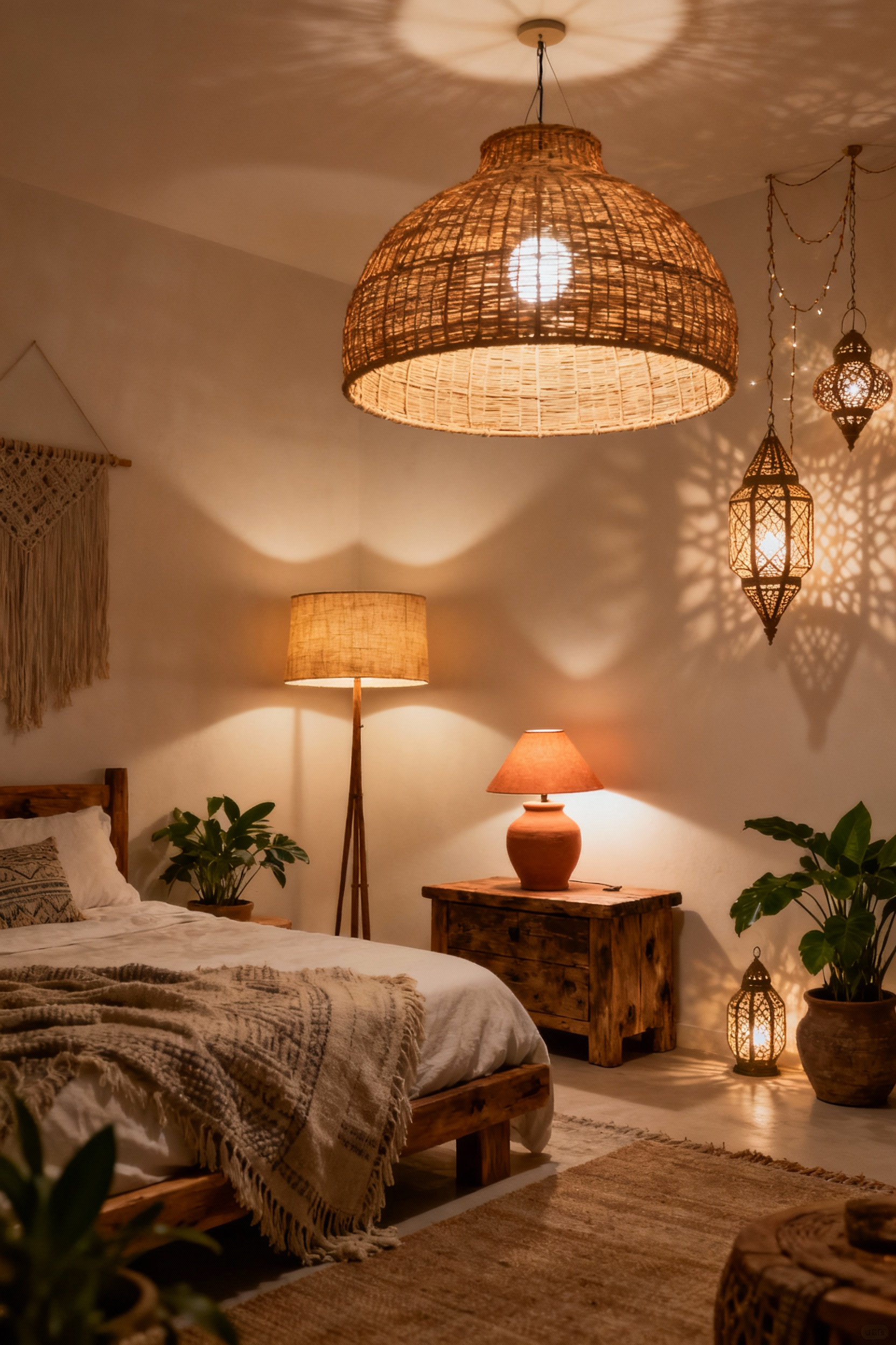 A luxurious bohemian bedroom illuminated by layered lighting, featuring a rattan pendant, floor lamp with linen shade, terracotta bedside lamp, and Moroccan lanterns, creating a warm, multi-tiered ambiance.