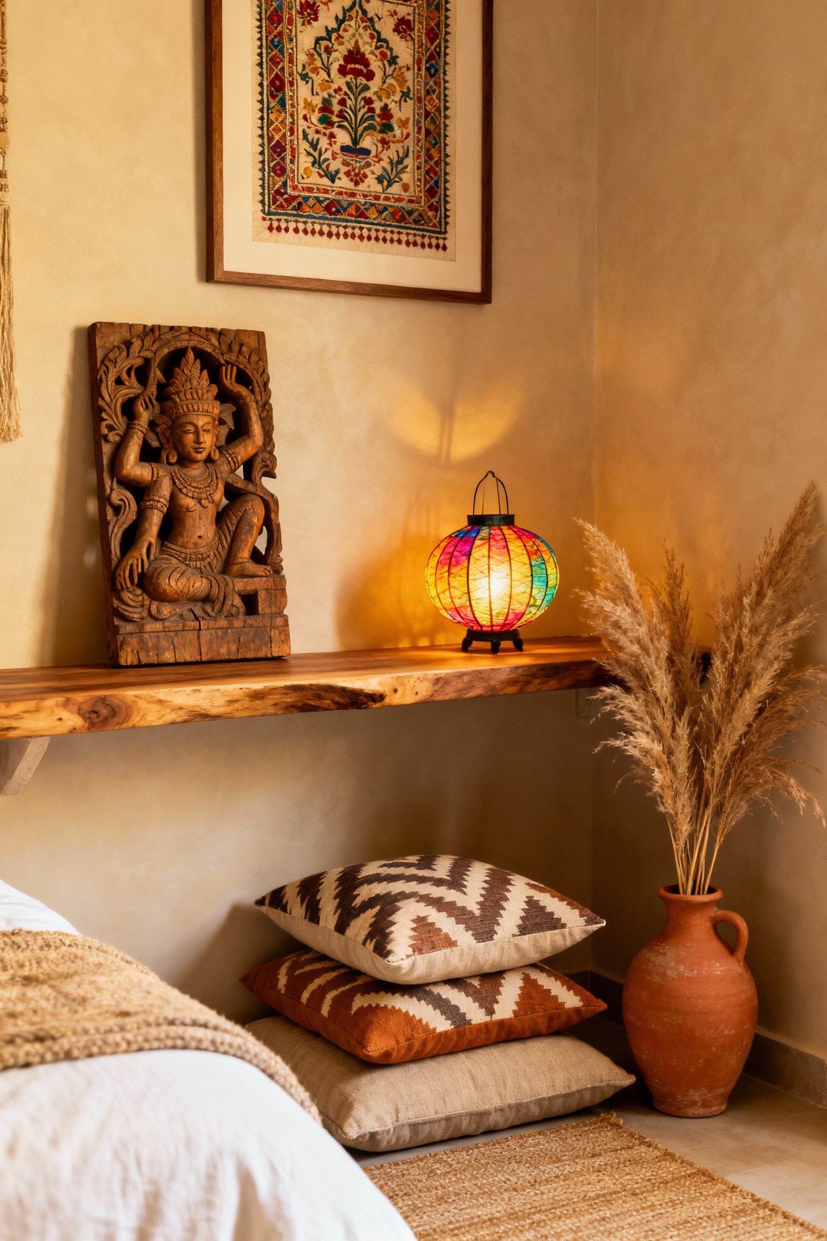 A cozy bohemian bedroom corner featuring curated global artifacts like a Balinese wood carving, Vietnamese silk lantern, and Indian embroidery, representing personal journeys and legacies.