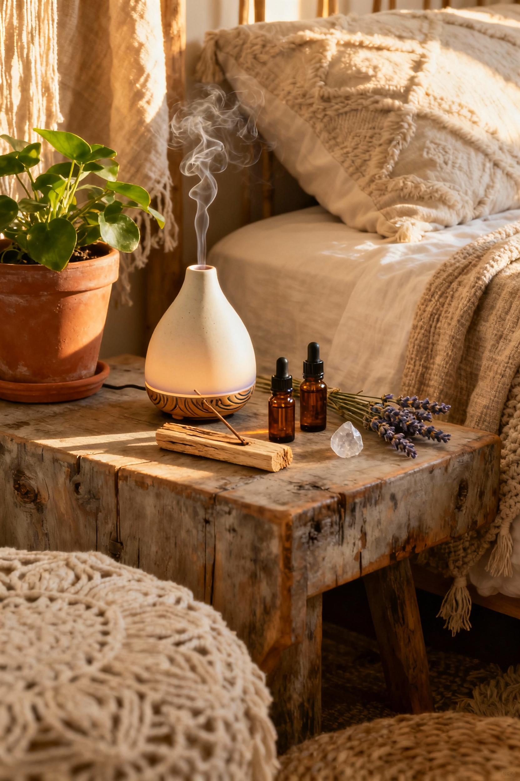 Bohemian bedroom corner with essential oil diffuser, incense holder, amber oil bottles, and natural decor, evoking aromatic serenity.