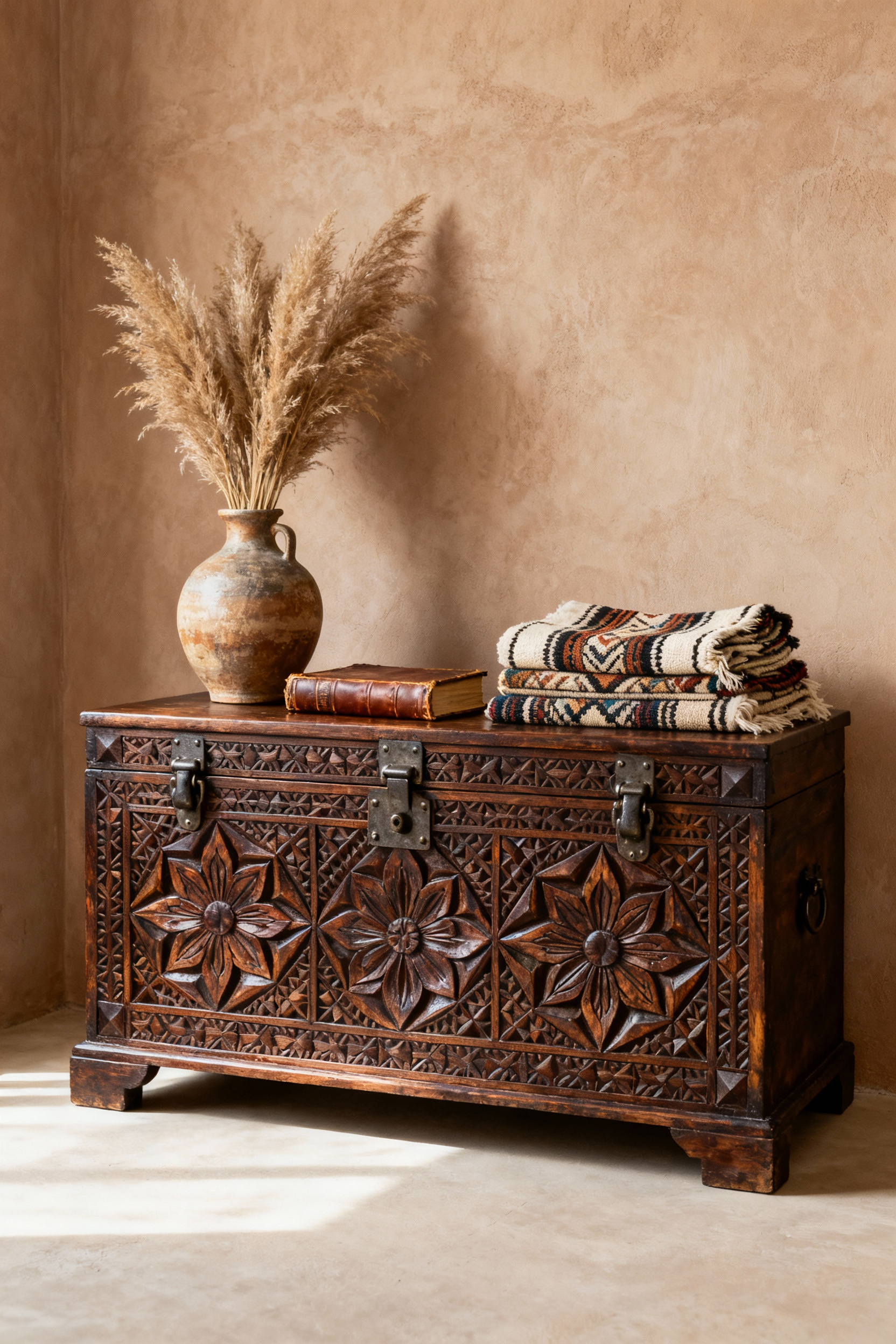 Hand-carved wooden storage chest with intricate details in a bohemian bedroom, styled with natural textiles and dried pampas grass, showing a blend of function and artisanry.