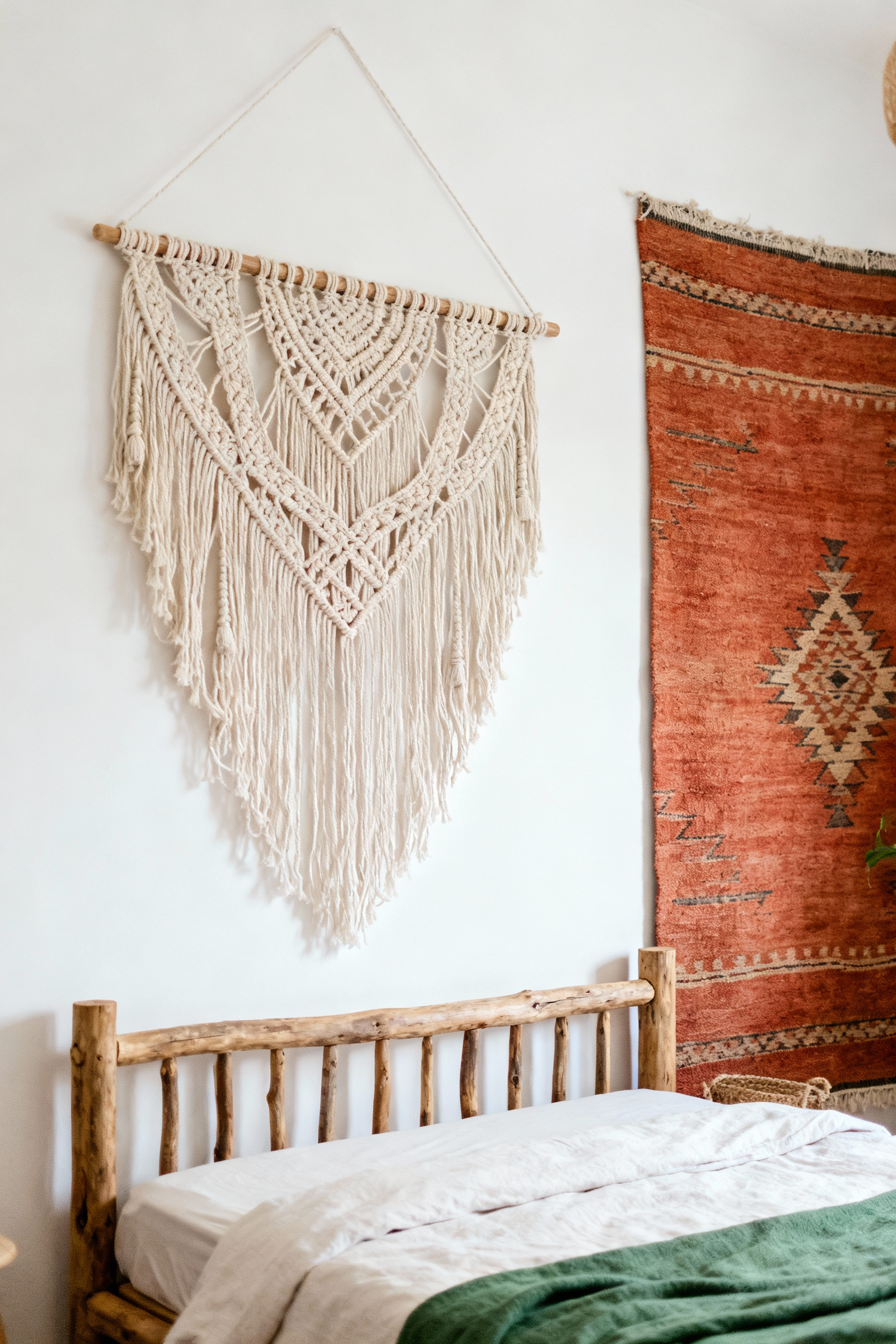 Close-up of a large, intricate macrame wall hanging and a patterned woven tapestry adorning a bedroom wall in a bohemian style, showcasing natural fibers and textures.