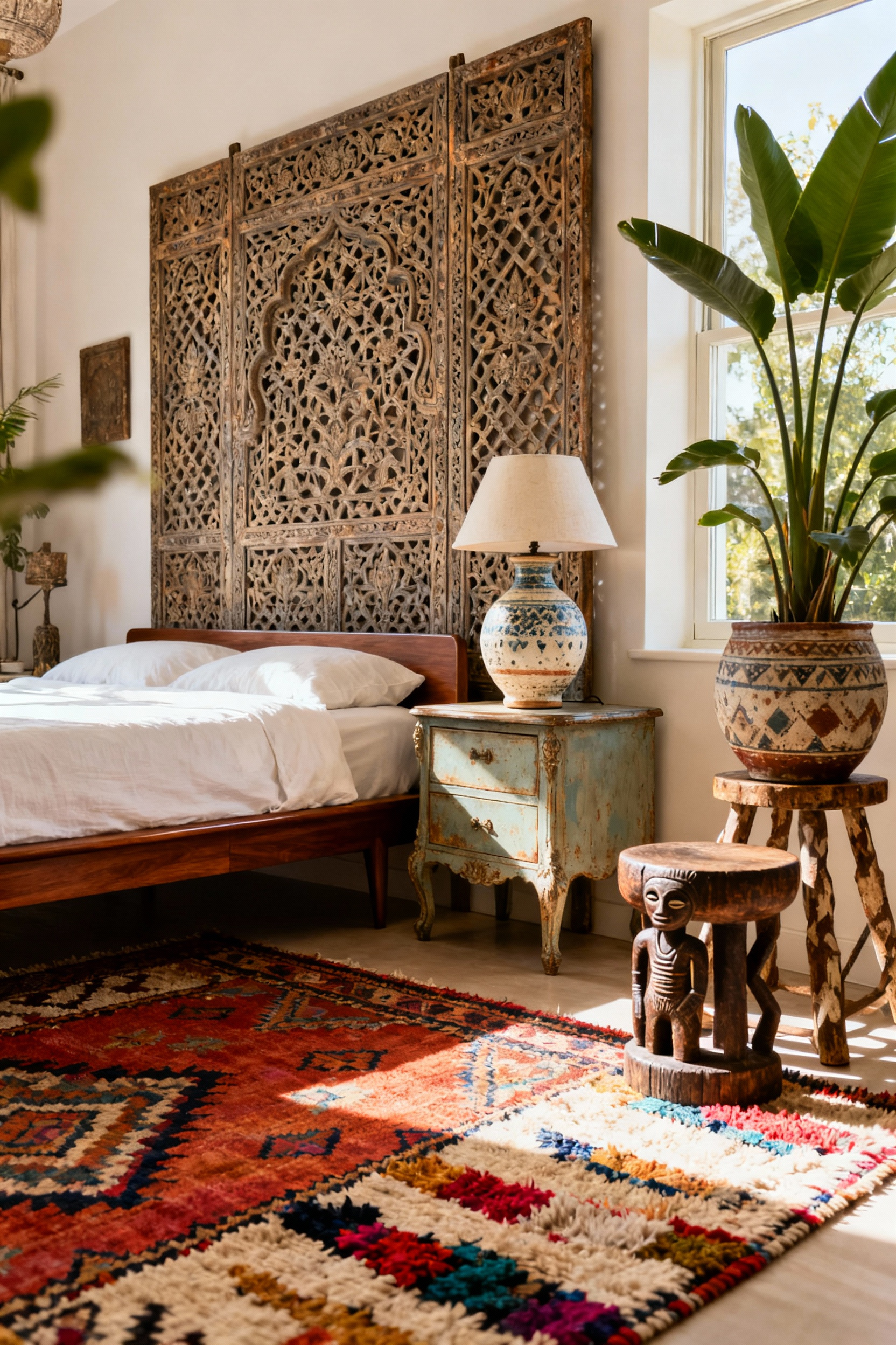 Bohemian bedroom featuring eclectic furniture curation with a vintage Danish Modern bed, Indian Jali screen, French Provincial table, Moroccan rug, and African stool.
