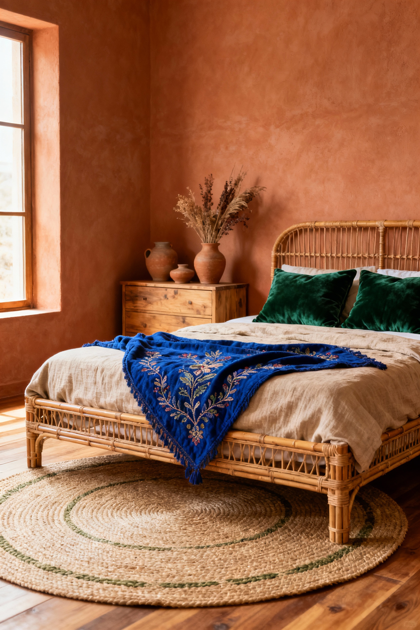 Bohemian bedroom featuring warm terra cotta walls, a rattan bed, and rich emerald green and sapphire blue jewel-toned textiles and cushions, complemented by natural jute and wood elements under soft light.