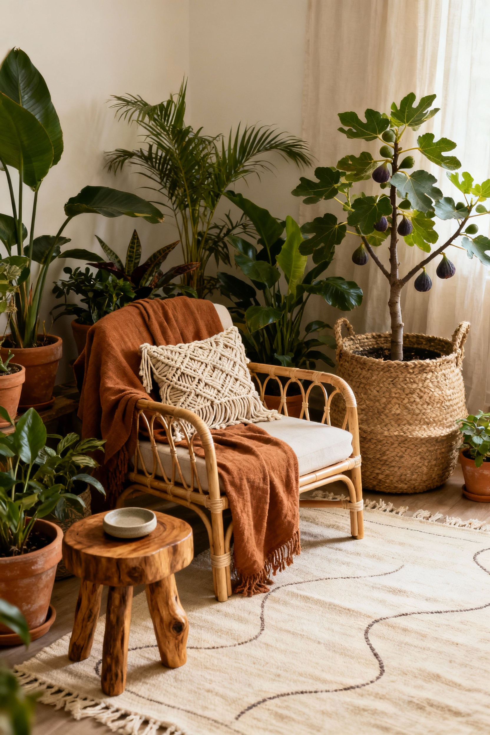A tranquil boho biophilic bedroom nook featuring a rattan armchair, various live plants in terracotta pots, a raw mango wood table, and a woven jute rug, all bathed in soft natural light.