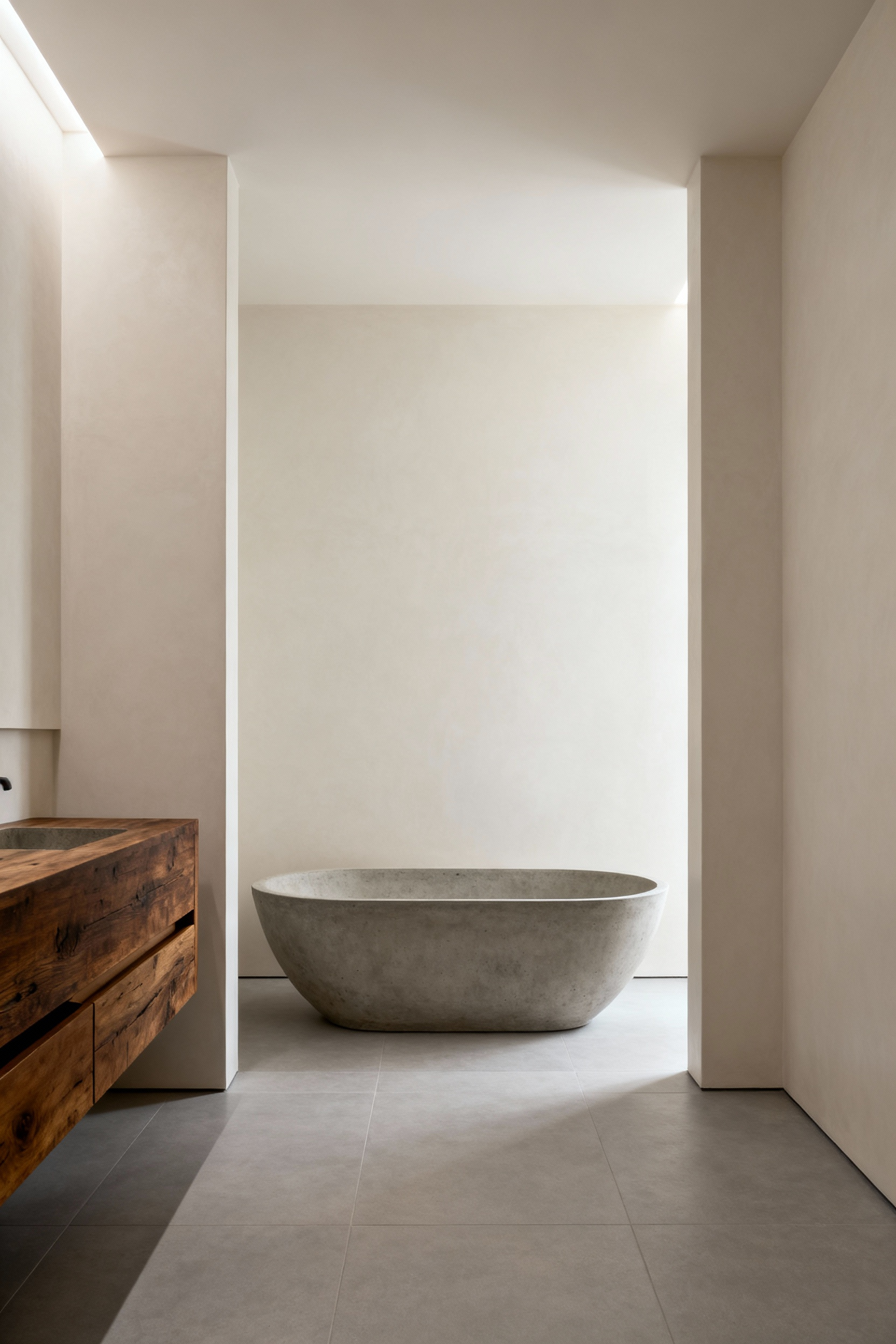 Minimalist farmhouse bathroom with a freestanding concrete soaking tub and dark wood vanity, surrounded by ample negative space and large porcelain tiles under soft architectural lighting.