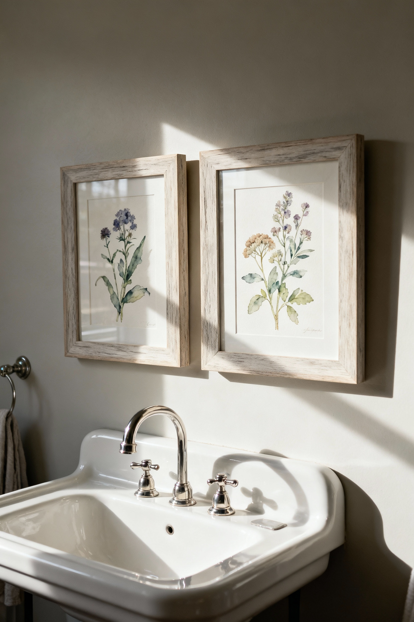 Curated botanical art prints in cerused oak frames above a farmhouse bathroom vanity, featuring elegant and understated artwork.
