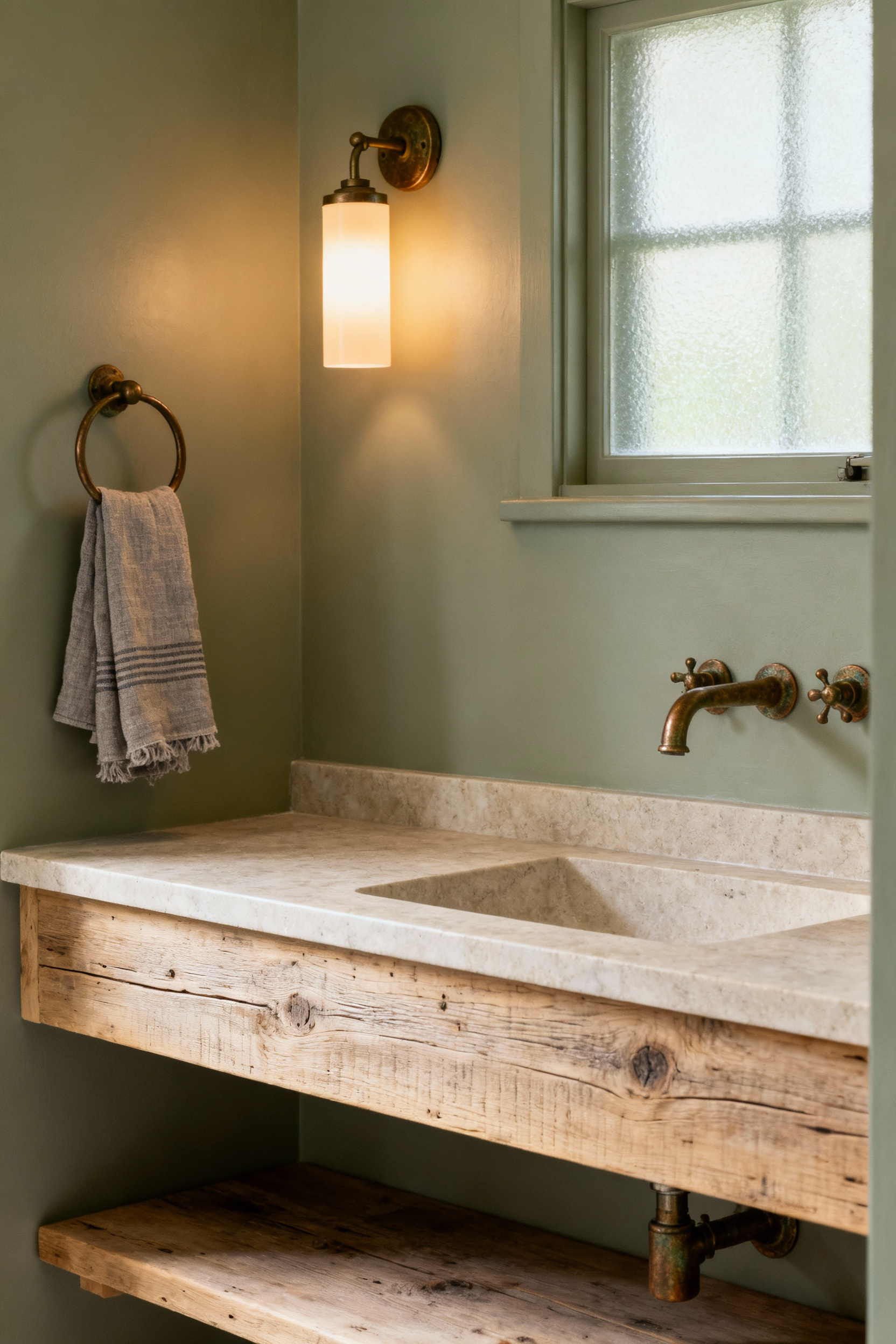 A serene farmhouse bathroom vignette featuring walls painted in muted sage green, a honed limestone vanity with reclaimed timber, and warm bronze fixtures, creating a rich and inviting earth-toned palette.