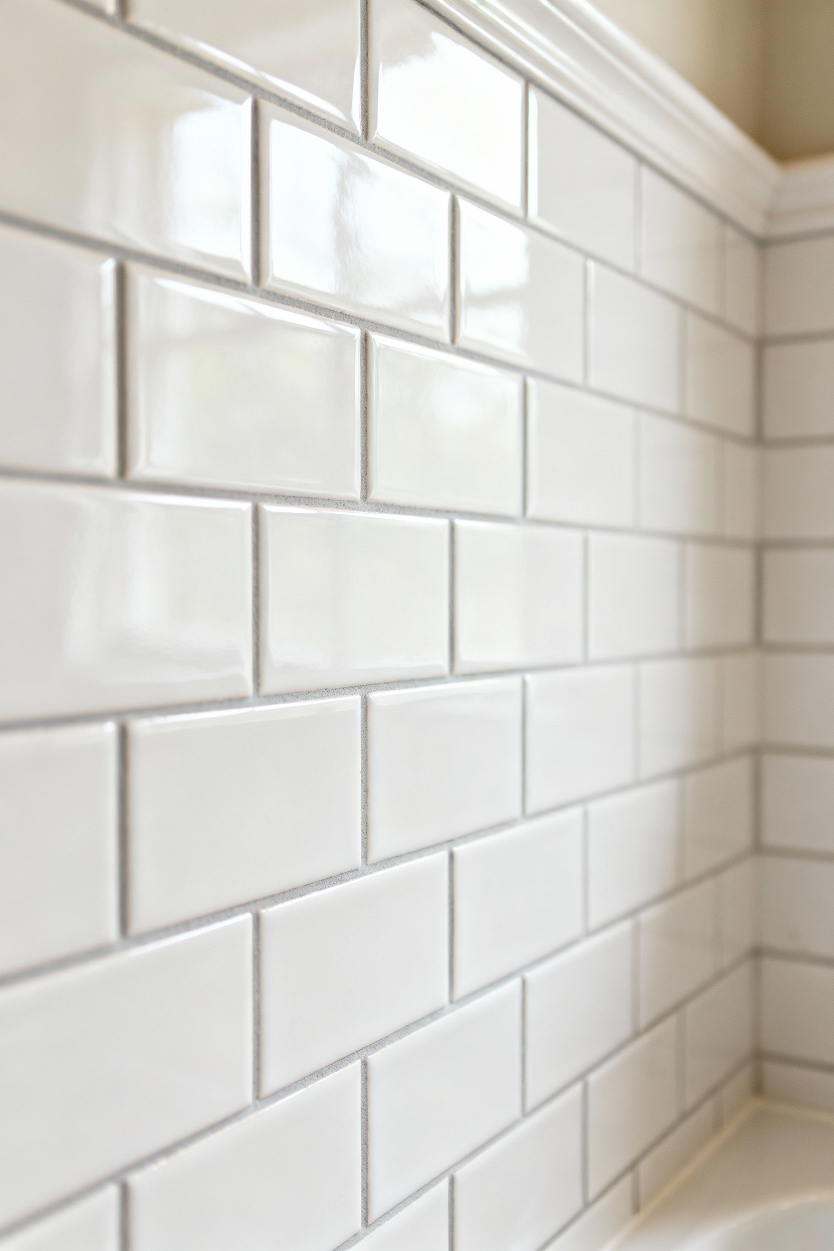 Portrait image of expertly installed white glazed ceramic subway tiles with narrow grout in a classic farmhouse bathroom, showcasing refined craftsmanship.