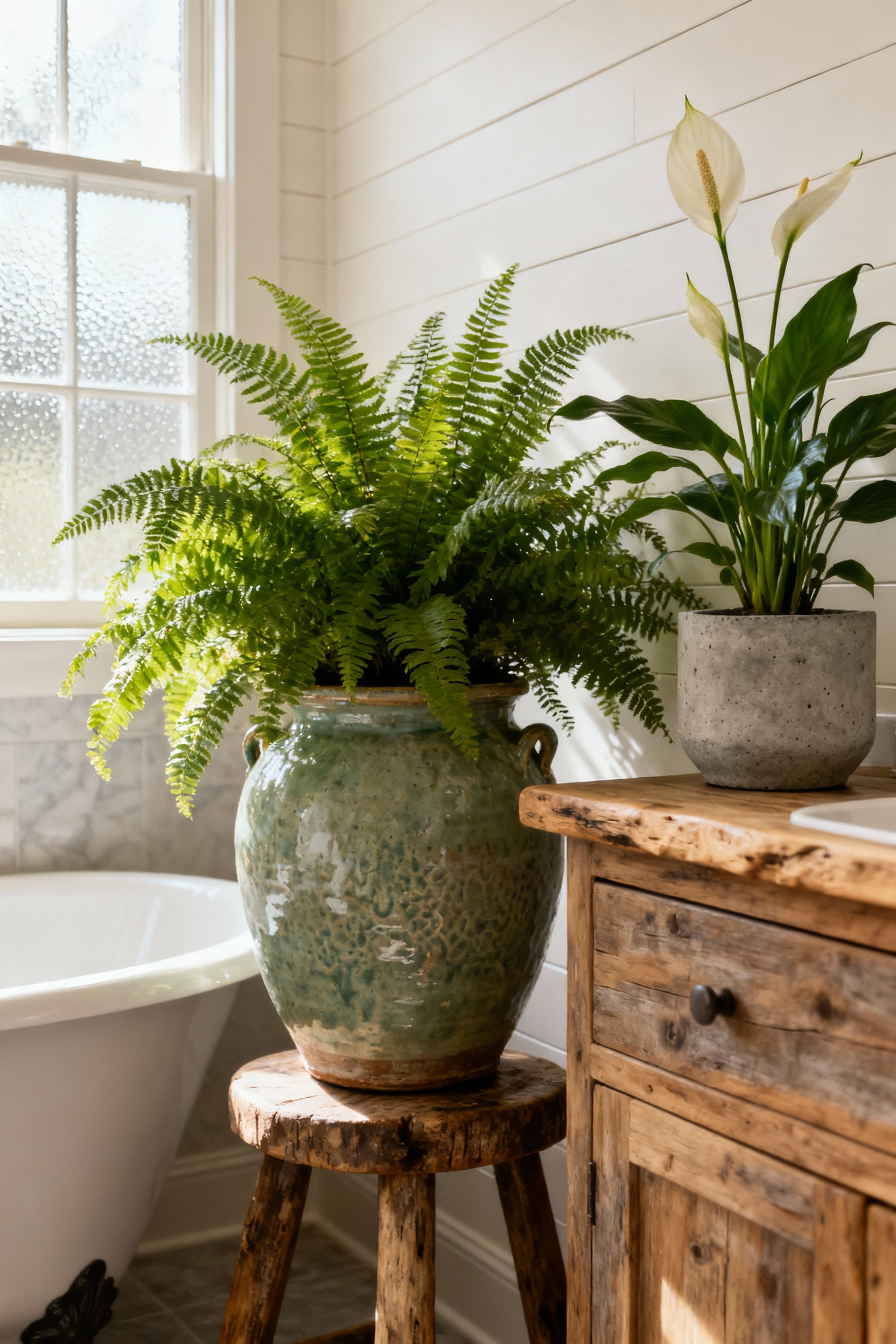 A corner of a refined farmhouse bathroom with natural light, featuring lush green Boston fern and Peace Lily plants in elegant ceramic and concrete planters, against shiplap walls and a white tub.