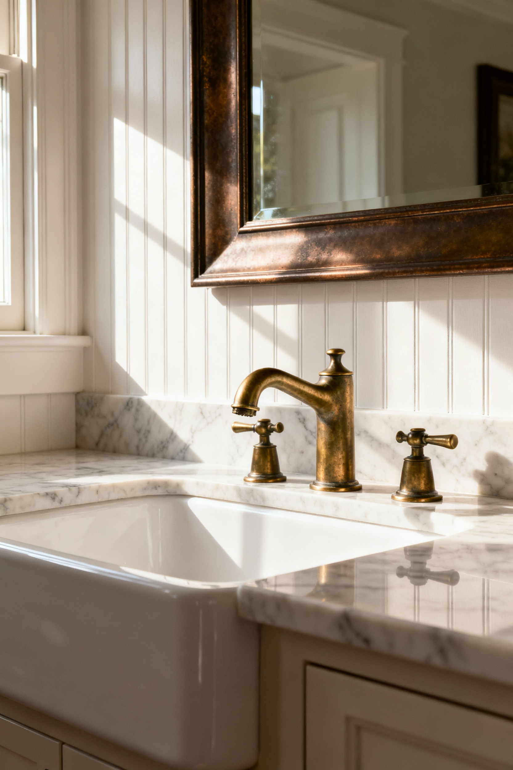 Unalacquered brass widespread faucet on a marble vanity with a farmhouse sink, complemented by an oil-rubbed bronze mirror in a rustic elegant bathroom.