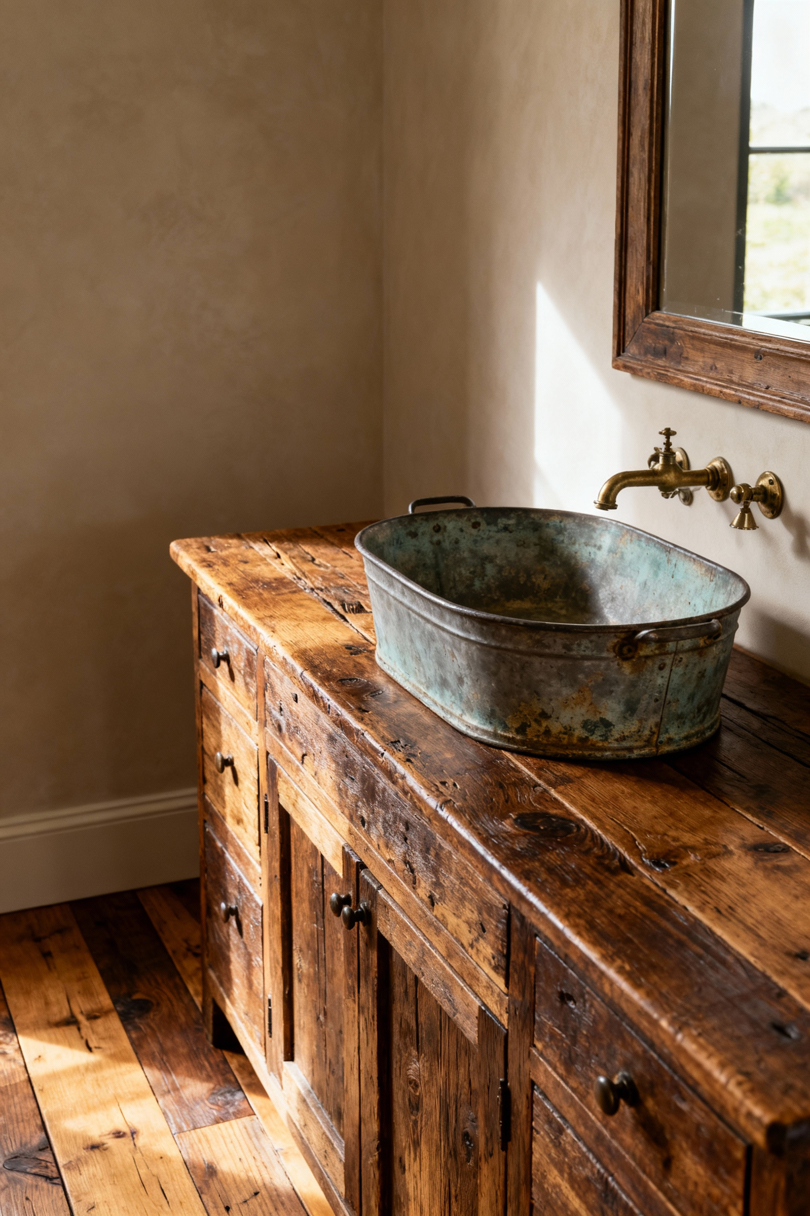 A farmhouse bathroom featuring an antique oak vanity and vintage French zinc basin, showcasing authentic provenance and heritage sourcing.