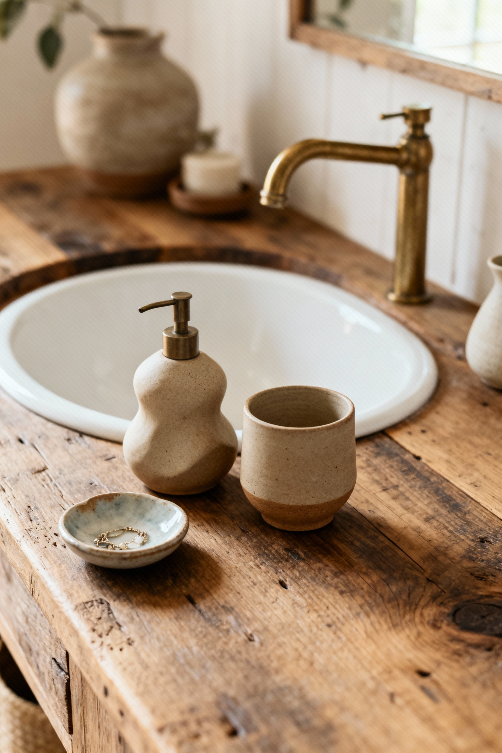 Artisanal ceramic soap dispenser, tumbler, and catch-all dish on a wooden farmhouse bathroom vanity, illuminated by natural light, showcasing functional art and rustic design.